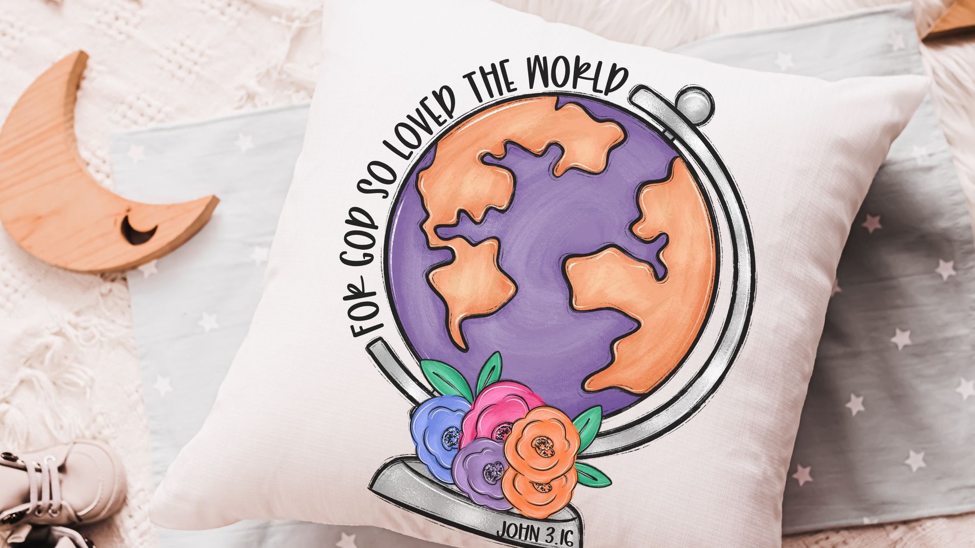 for God so loved the world floral globe throw pillows for girls, baptism gift girl from godmother John 3 16 Bible verse pillow cover 18 x 18