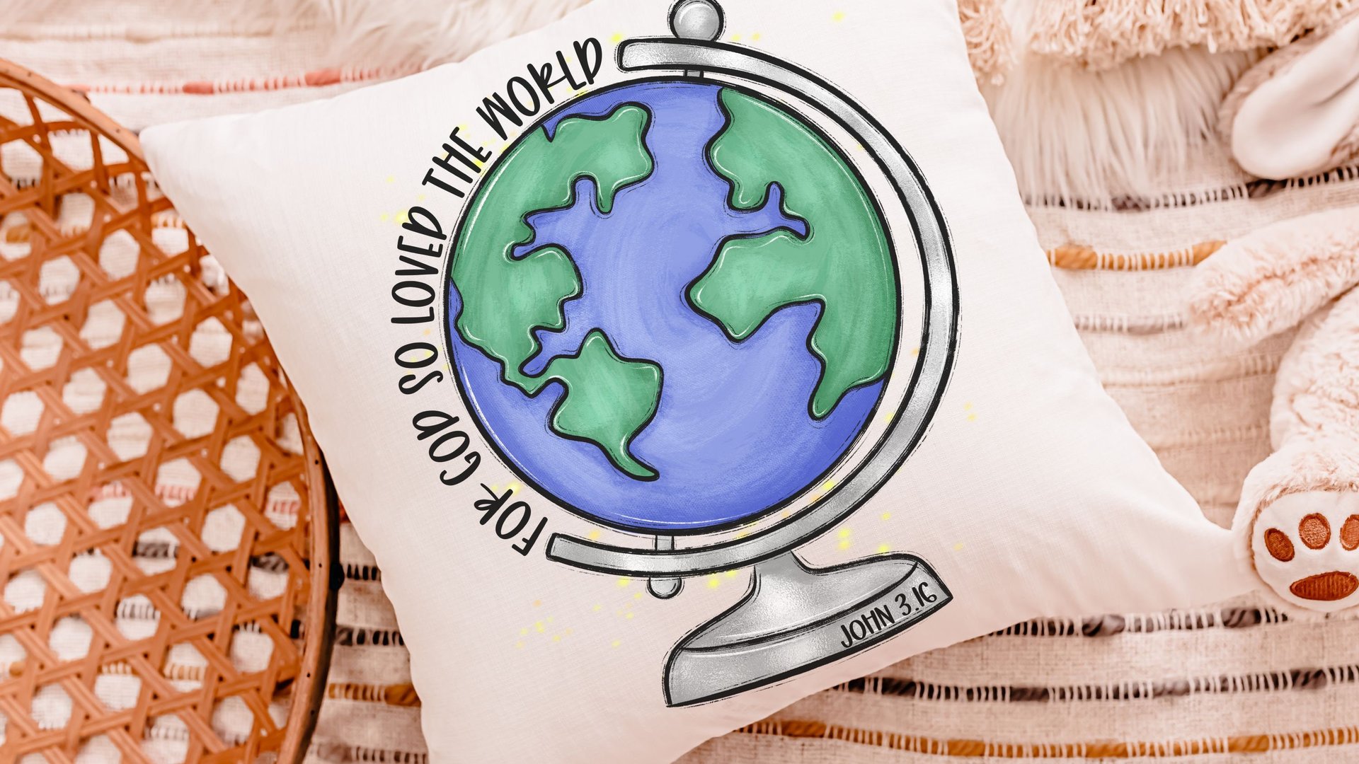 for God so loved the world Earth globe throw pillows for kids, baptism gift boy from grandparents, John 3 16 Bible verse pillow covers 18x18