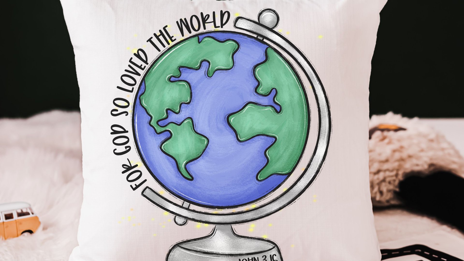 for God so loved the world Earth globe throw pillows for kids, baptism gift boy from grandparents, John 3 16 Bible verse pillow covers 18x18