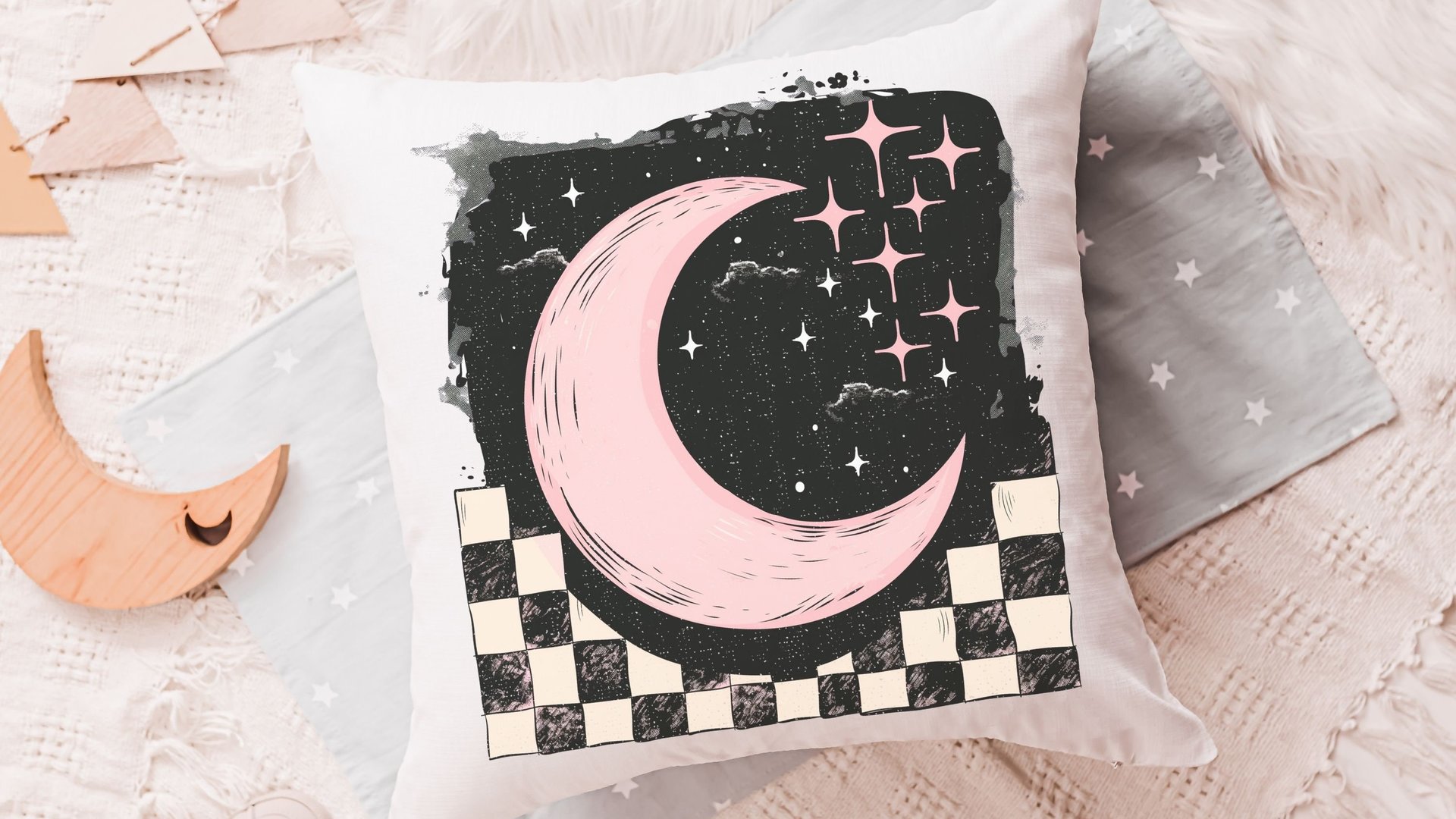 blush pink crescent moon throw pillow for kids room, outer space nursery decor, spacecore reading nook pillow for girls, college dorm decor
