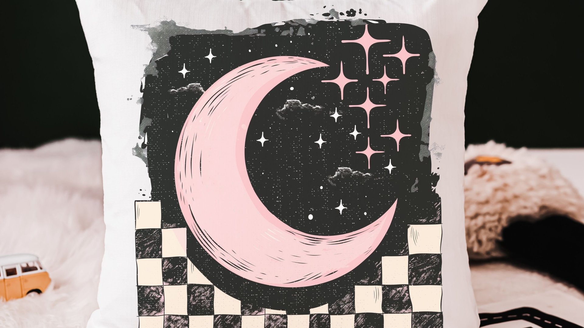 blush pink crescent moon throw pillow for kids room, outer space nursery decor, spacecore reading nook pillow for girls, college dorm decor