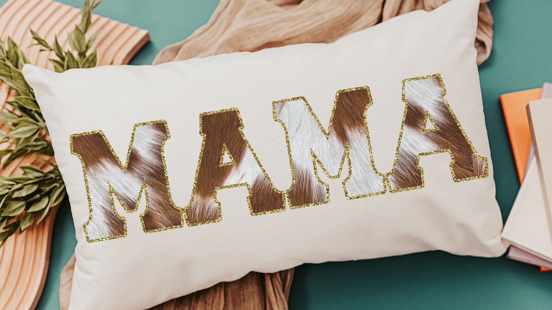 mama throw pillow for bed, cowhide lumbar pillow for chair, western decor for bedroom, cowboy baby shower gifts for mom to be, cow gifts for