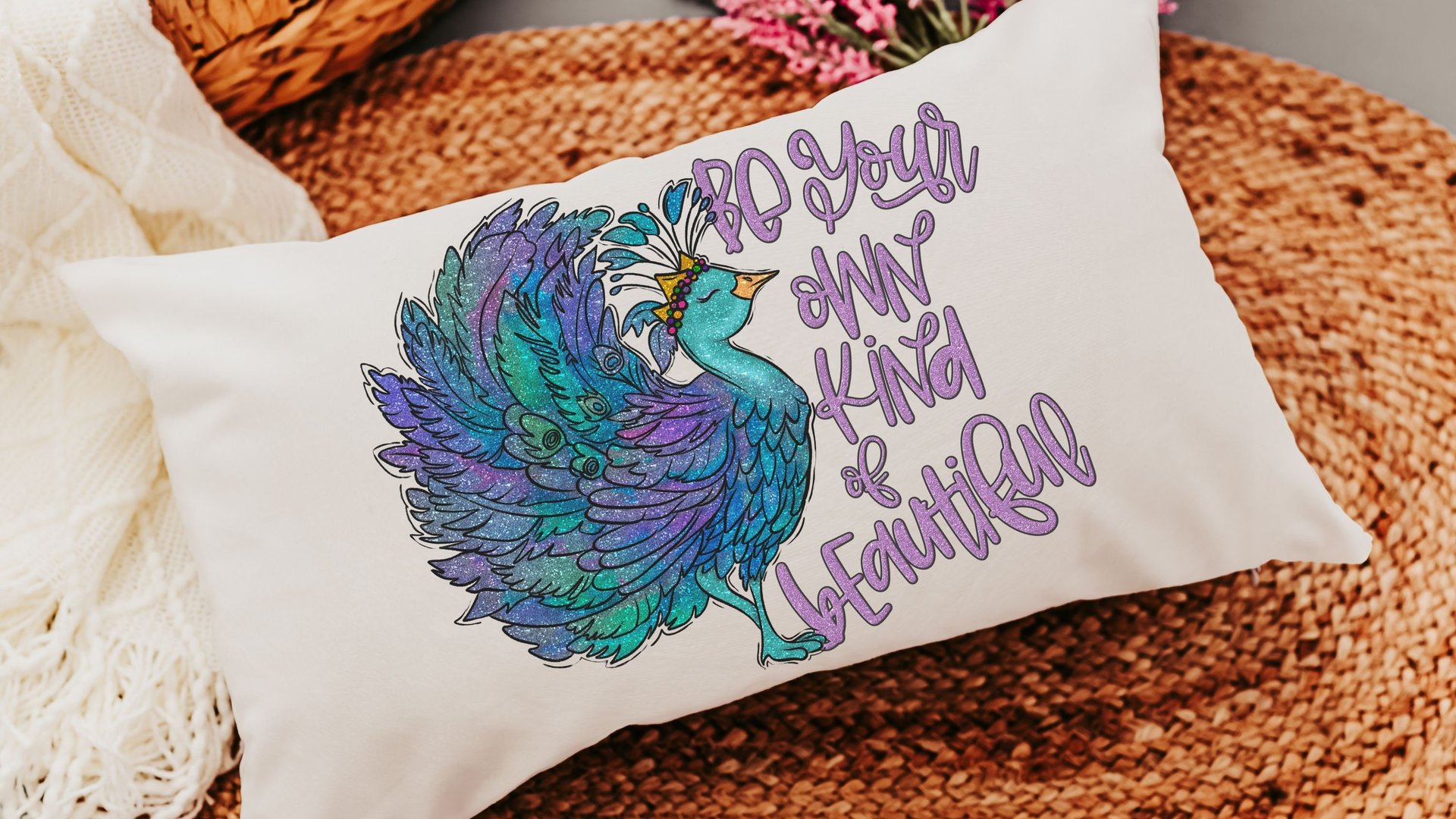 be your own kind of beautiful lumbar pillow for bed, cute dorm decor for girls, inspirational gifts for graduation, peacock throw pillow