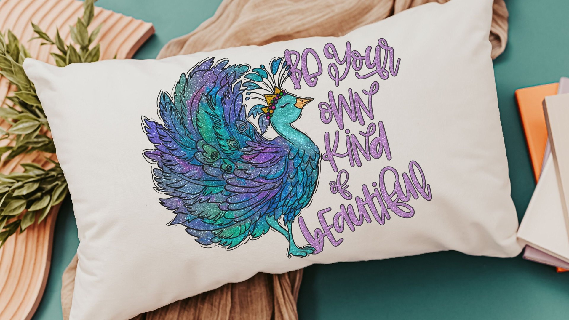 be your own kind of beautiful lumbar pillow for bed, cute dorm decor for girls, inspirational gifts for graduation, peacock throw pillow