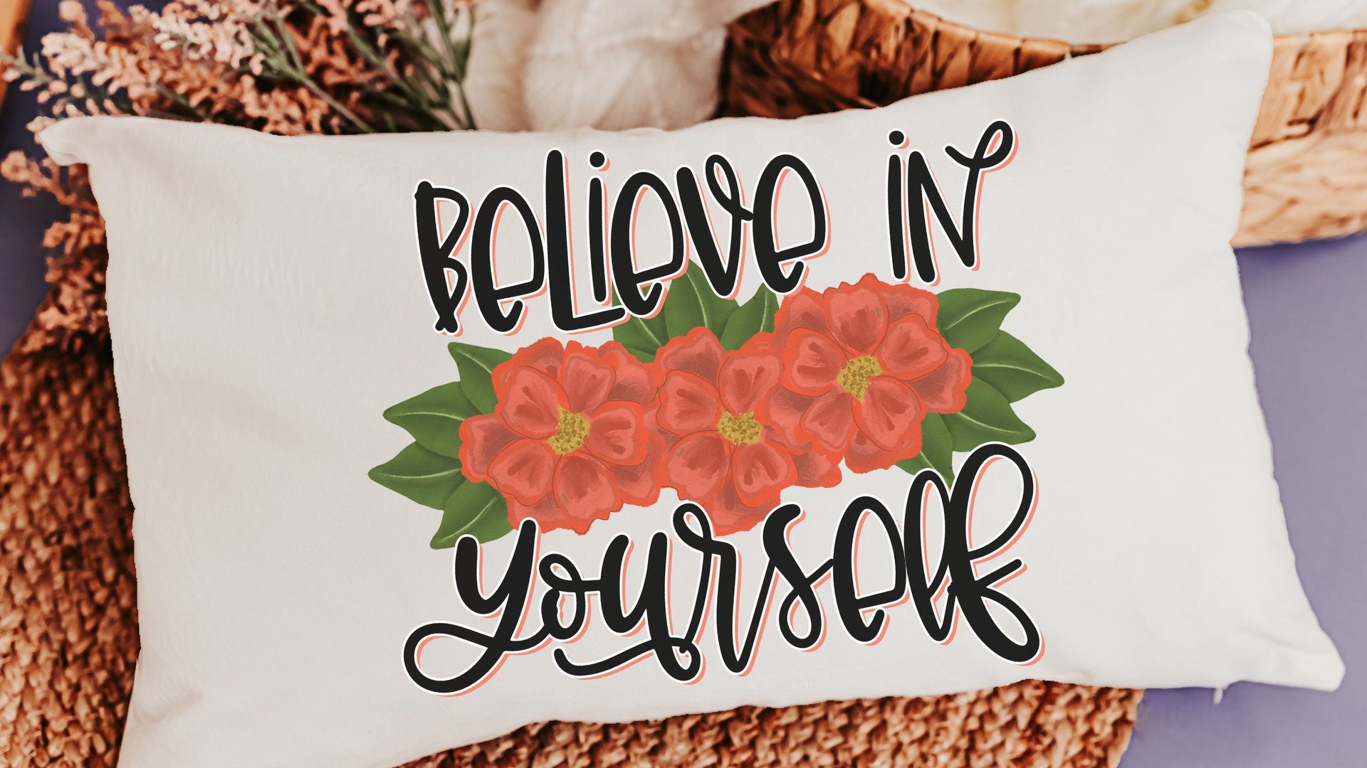 believe in yourself inspirational throw pillows for bed, red dahlia floral lumbar pillow cover 12x20, cute Christmas gifts for college girls