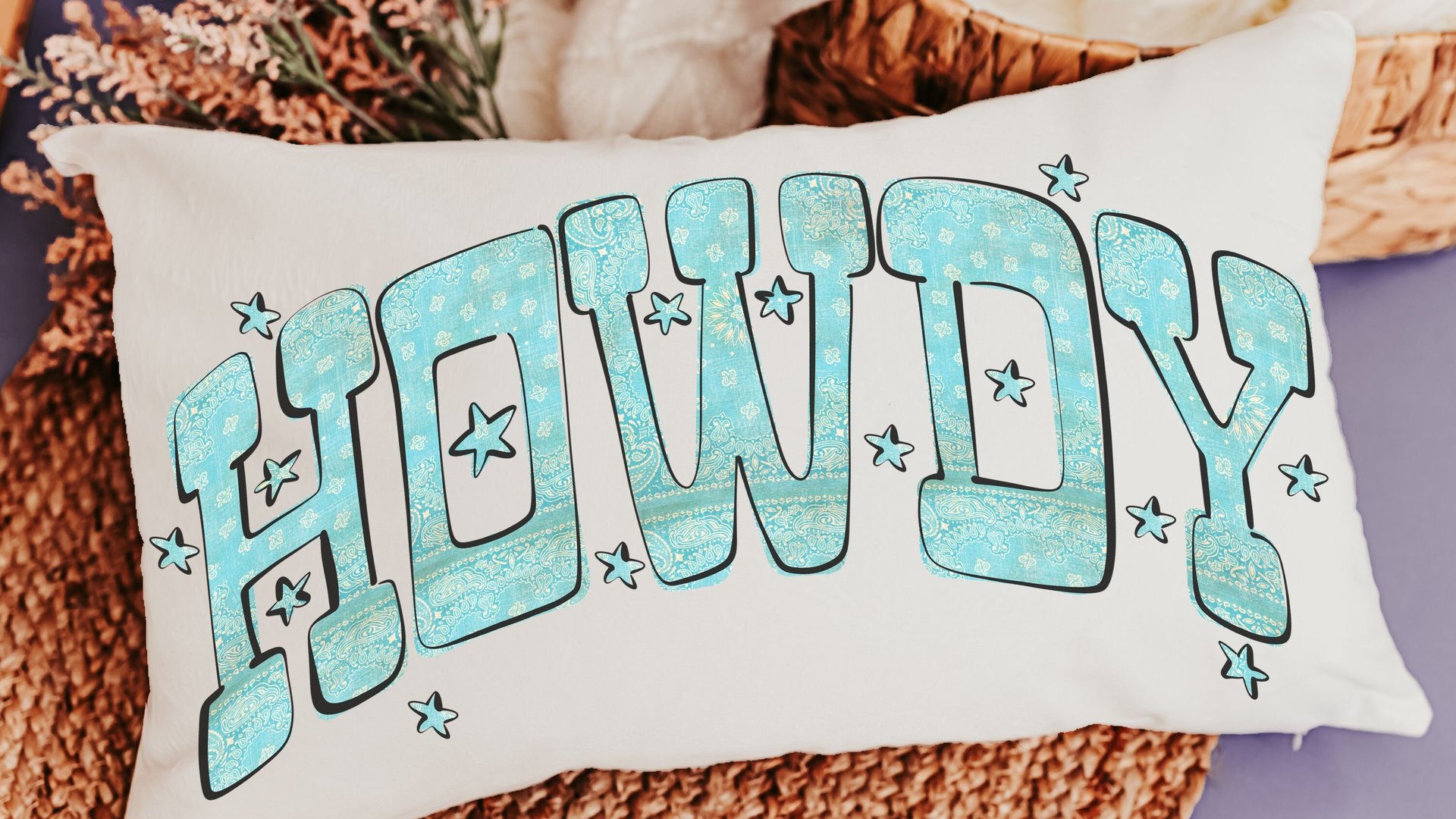 howdy throw pillow for couch, country western nursery decor, turquoise bandana print lumbar pillow, cowgirl baby shower gifts, rocking chair