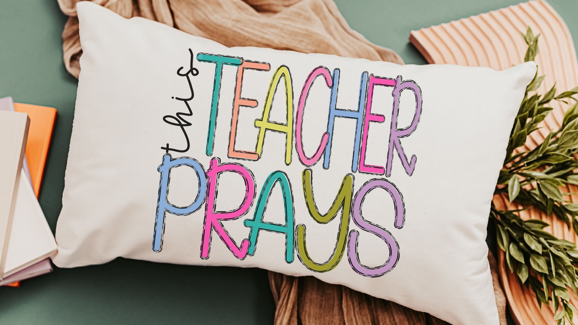 this teacher prays lumbar pillow for chair, Sunday school teacher gifts for women, Christian school teacher classroom decor, prayer pillow