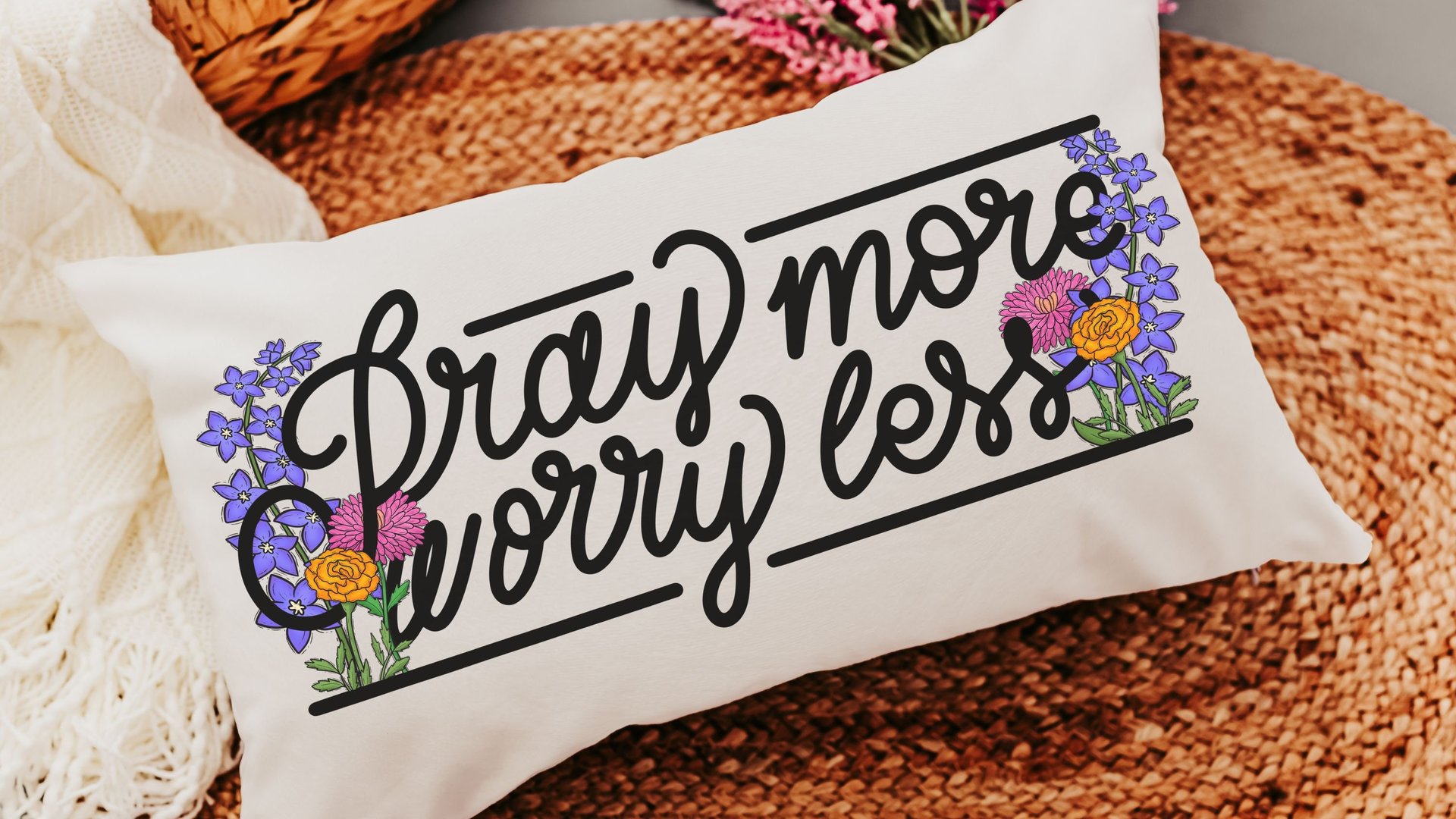pray more worry less lumbar pillow for rocking chair, Christian gifts for ladies Bible study group essentials, prayer warrior gift, floral