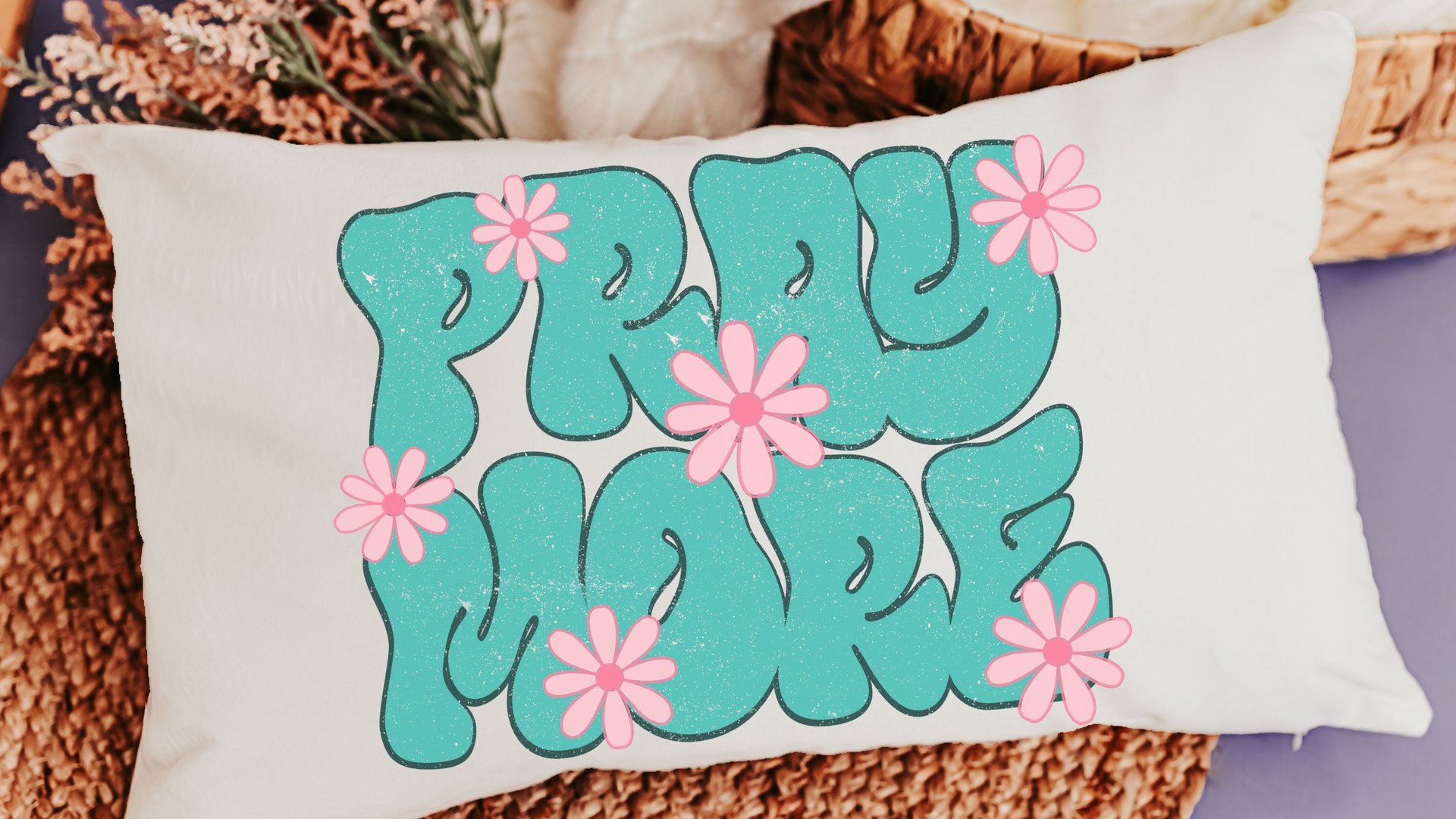 pray more turquoise Christian throw pillow for bed, godmother gift, bubble gum pink flower lumbar pillow cover 12x20, faith gifts for Mom