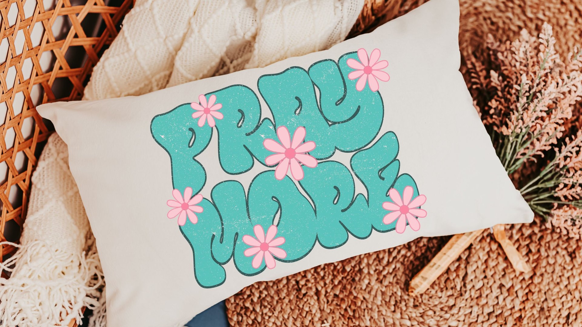 pray more turquoise Christian throw pillow for bed, godmother gift, bubble gum pink flower lumbar pillow cover 12x20, faith gifts for Mom