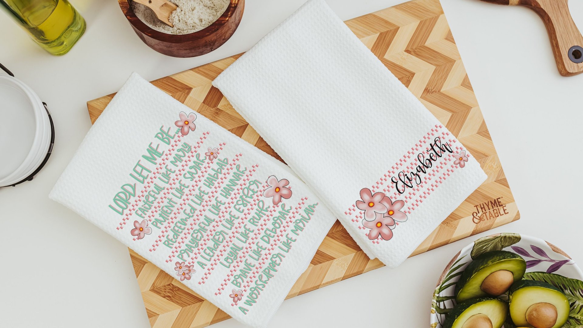 personalized women of the Bible floral kitchen towels for friends, Christian Christmas gifts for godmother, religious kitchen decor, faith