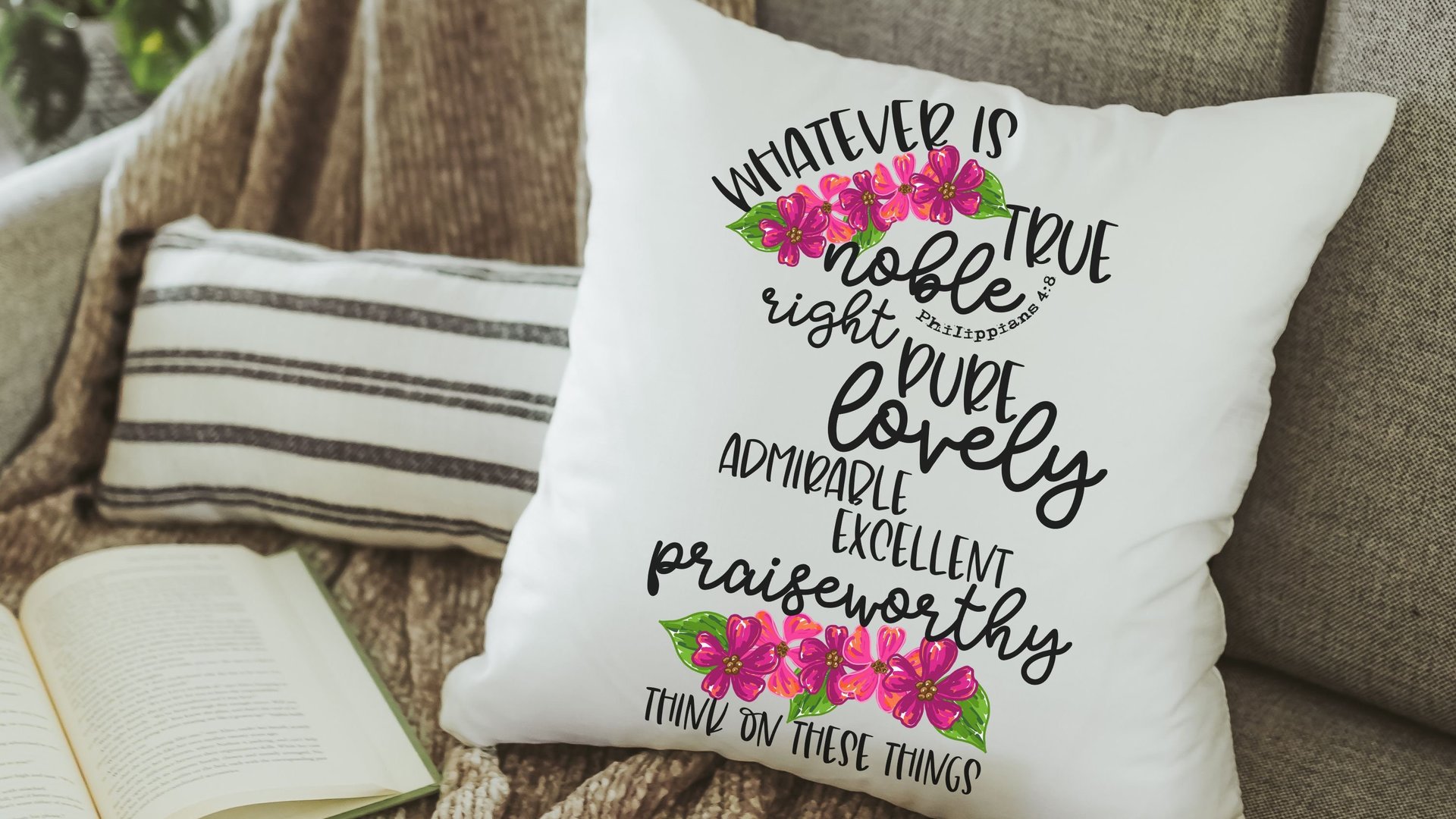 whatever is true scripture throw pillows for couples, Philippians 4:8 pink floral Bible verse decorative pillows for couch, Christian gifts