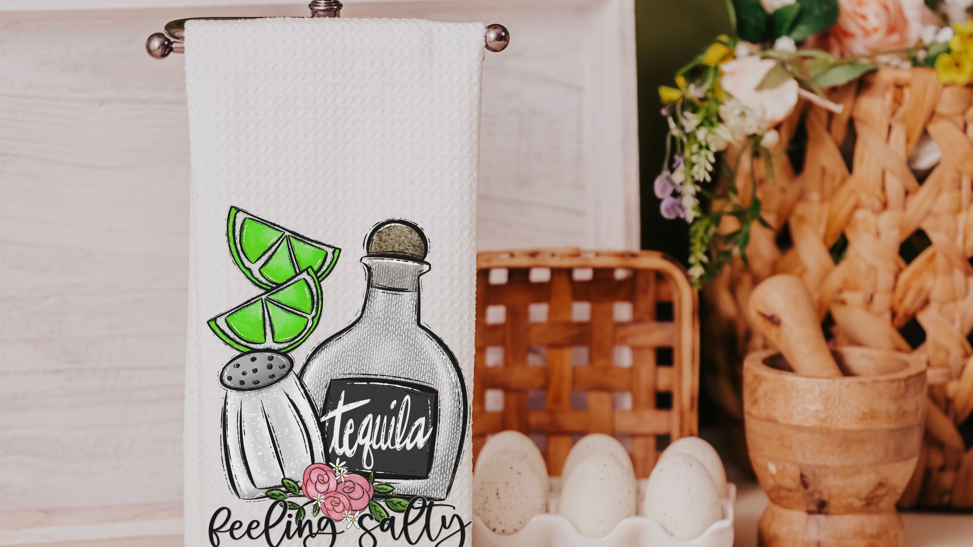 feeling salty funny kitchen towels for Mom, tequila gifts for women, bar cart accessories, margarita bar decor, 21st birthday gift for her