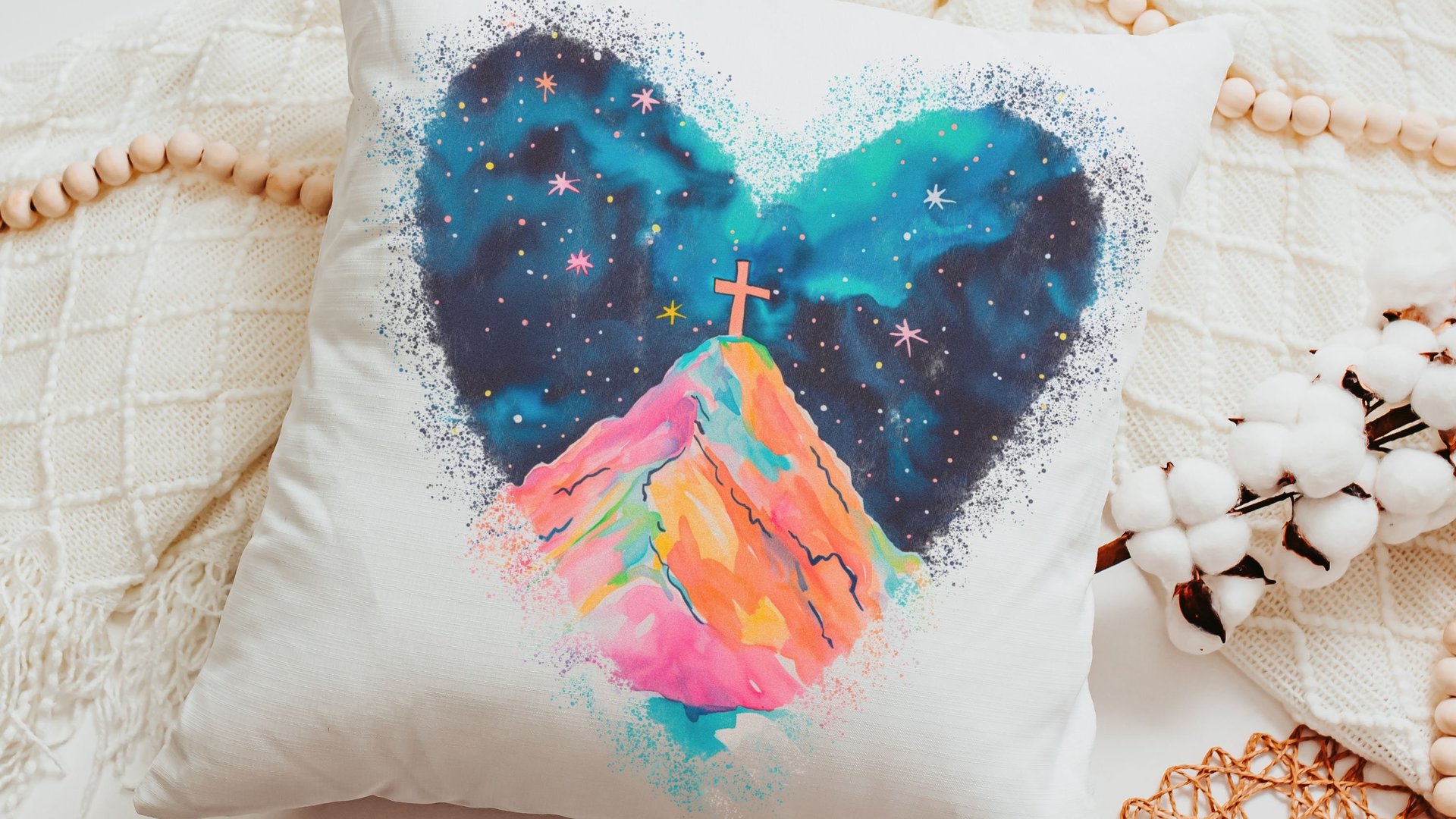 watercolor cross Christian throw pillows for bed, cross on the hill Christian kitchen towels for gifts, faith decor, spiritual gifts for her