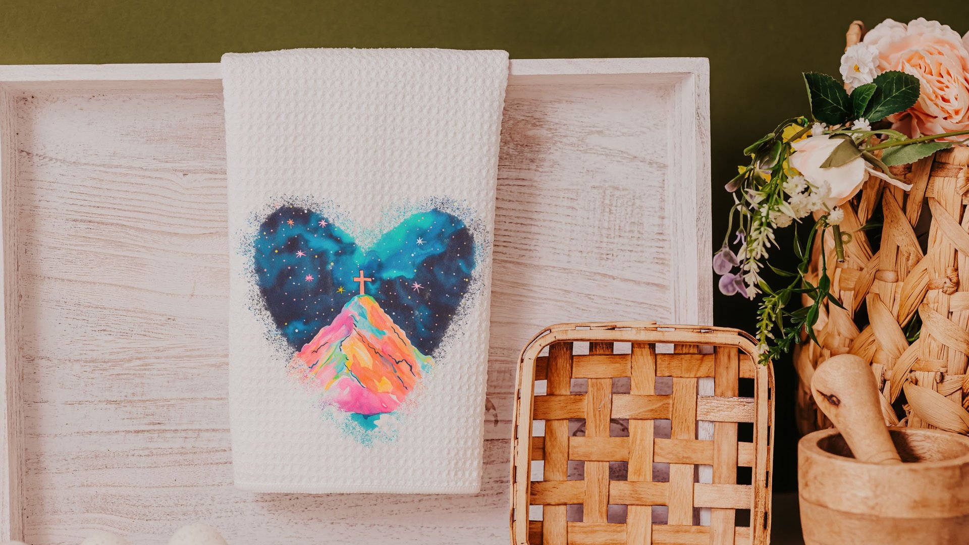 watercolor cross Christian throw pillows for bed, cross on the hill Christian kitchen towels for gifts, faith decor, spiritual gifts for her