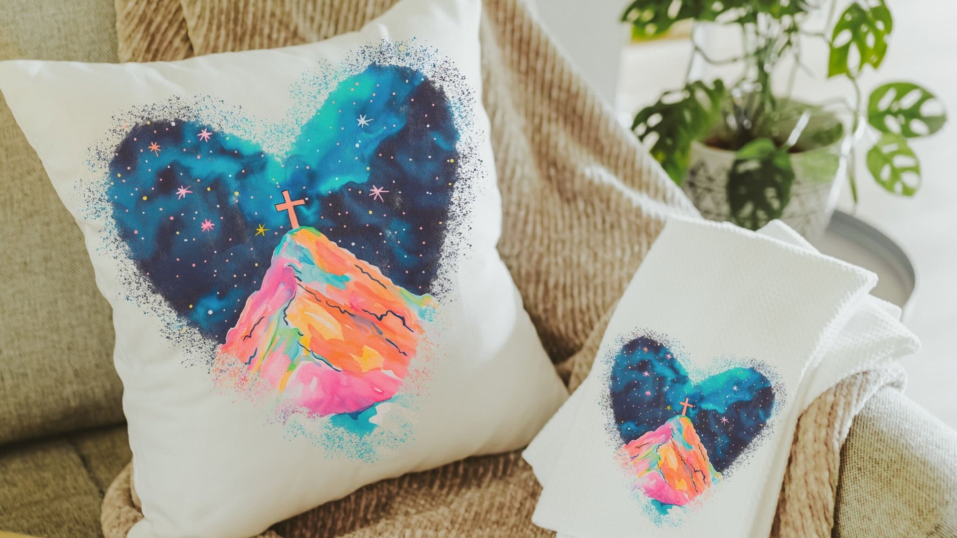 watercolor cross on the hill Christian kitchen towels for gifts, Christian decor for home, faith gifts for Mom, powder room hand towels for