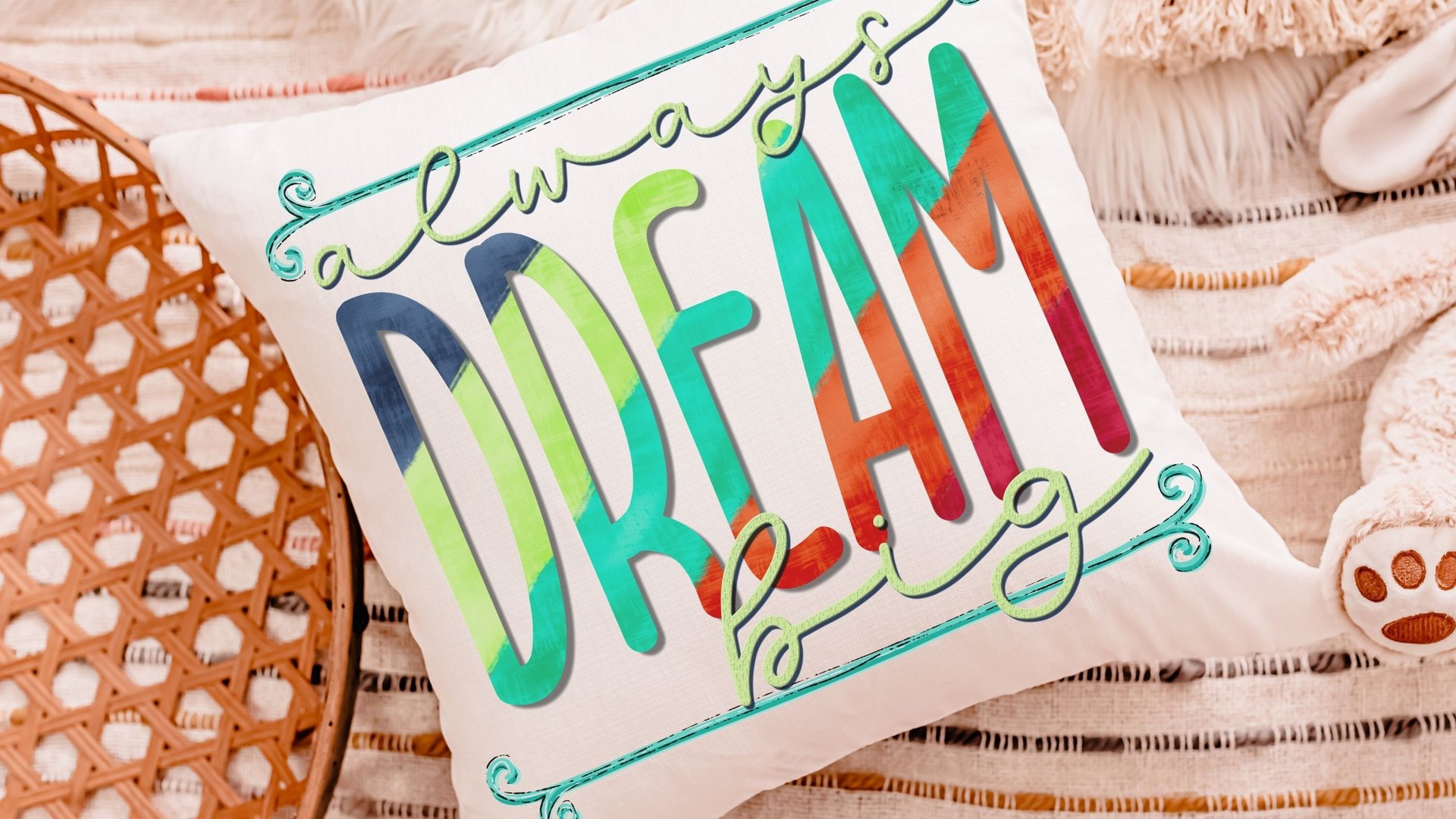 dream big inspirational throw pillows for kids, colorful nursery decor, reading nook pillow, toddler girl gifts, positive affirmations for