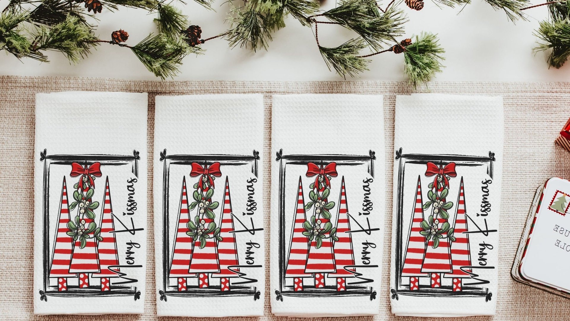 merry kissmas Christmas kitchen towels, cute Christmas housewarming gifts for couple, candy cane Christmas tree Christmas kitchen hand towel