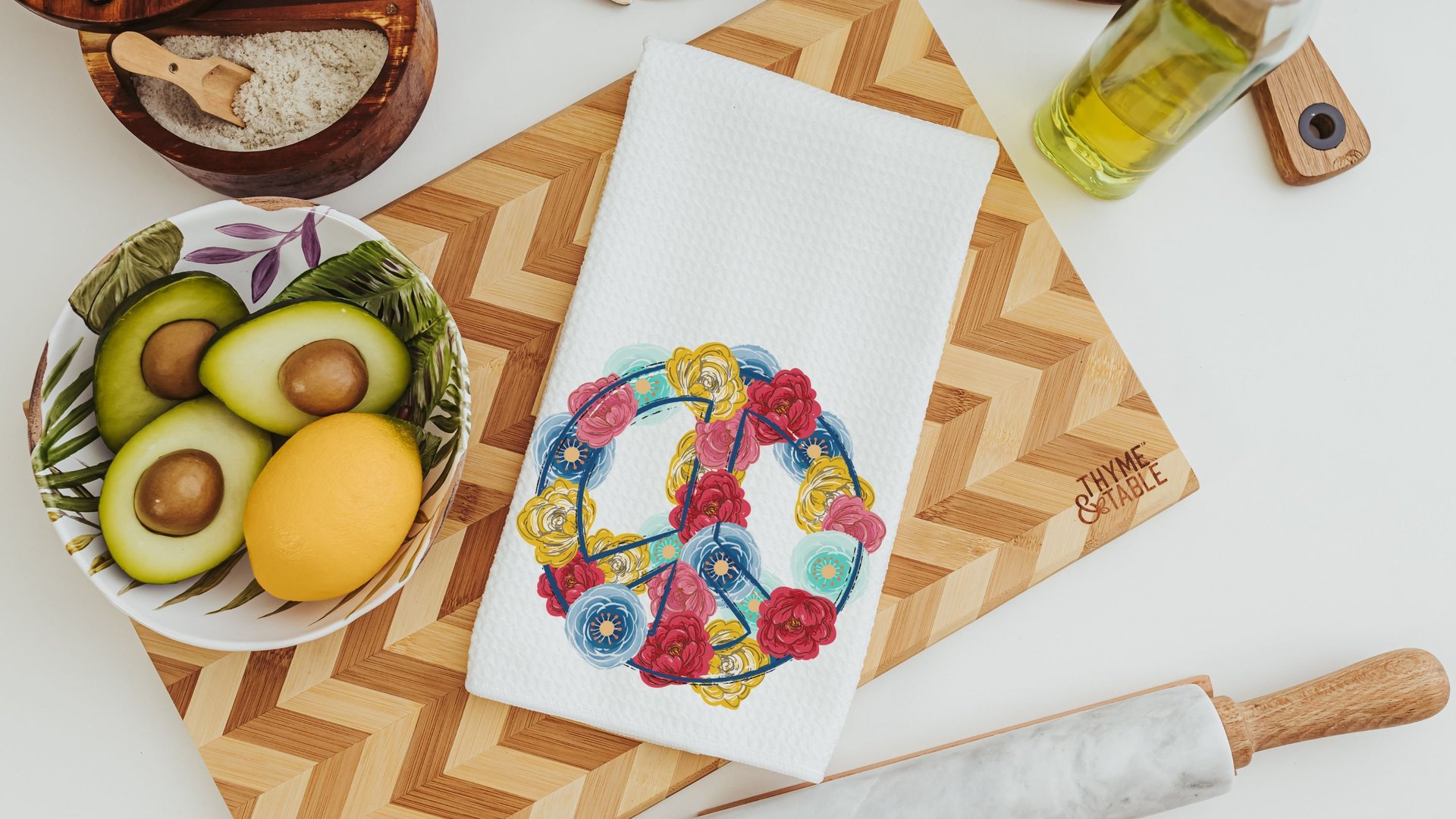 floral peace sign kitchen towels for mom, hippie kitchen decor, cute hand towels for bathroom boho kitchen dish towels, powder room decor