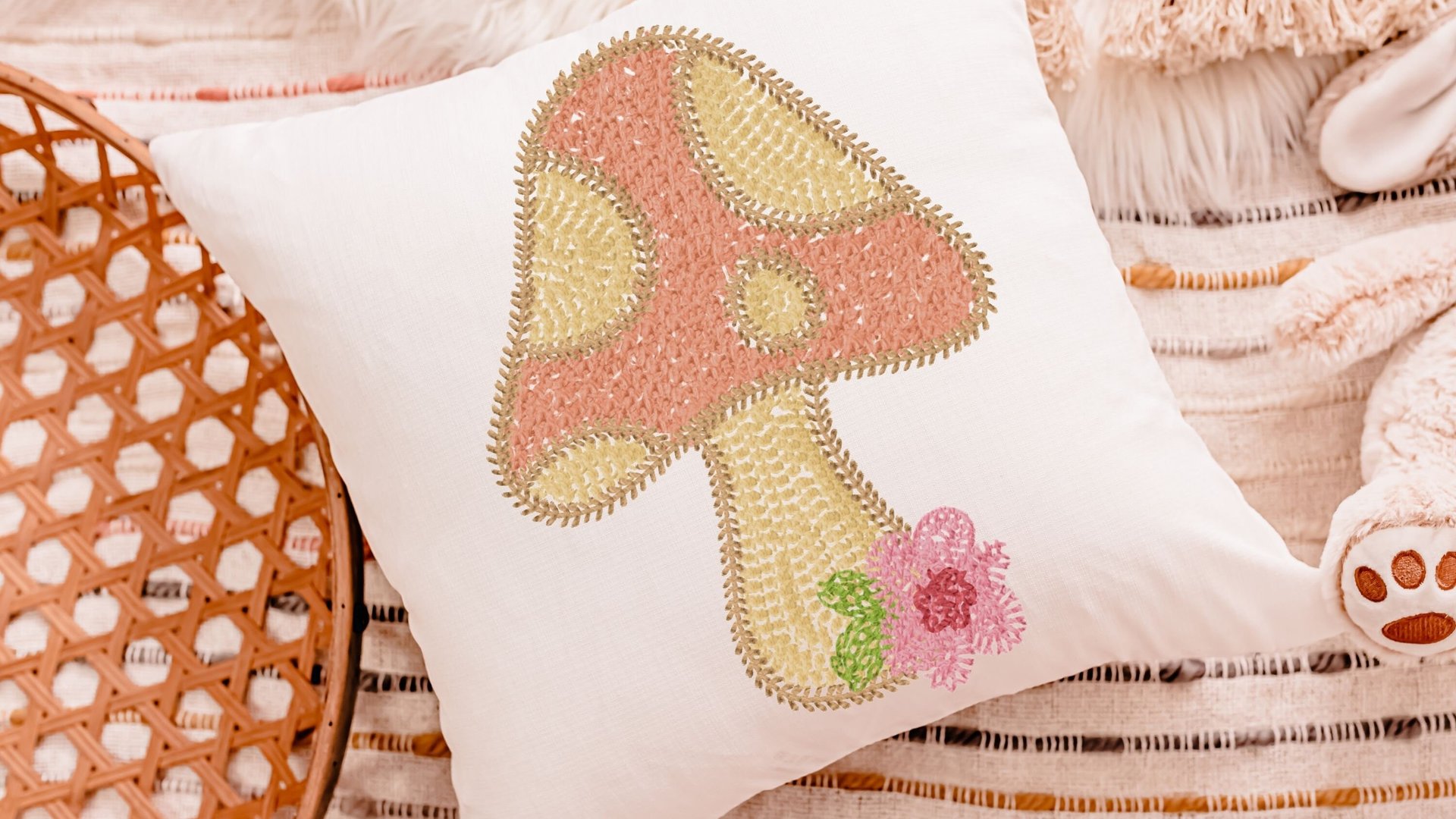 whimsical mushroom throw pillow for rocking chairs, cute mushroom decor for nursery, reading nook pillow, woodland baby shower gift girl