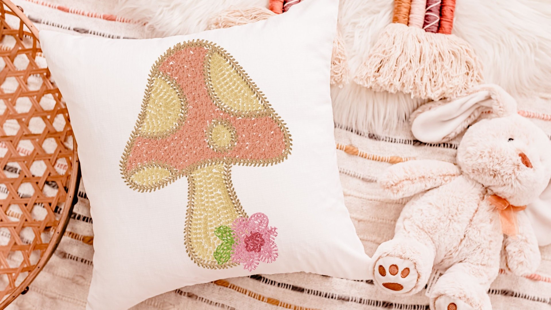 whimsical mushroom throw pillow for rocking chairs, cute mushroom decor for nursery, reading nook pillow, woodland baby shower gift girl