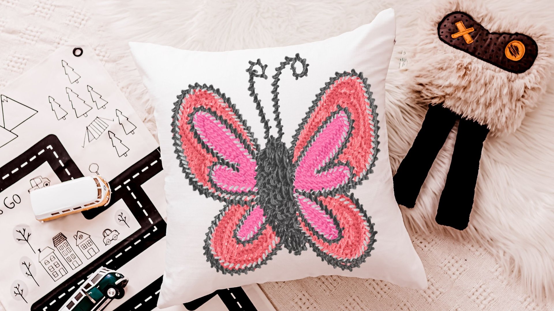 pink butterfly throw pillow for bed cute butterfly gifts for her, garden nursery decor, reading nook pillow, birthday gifts for little girl