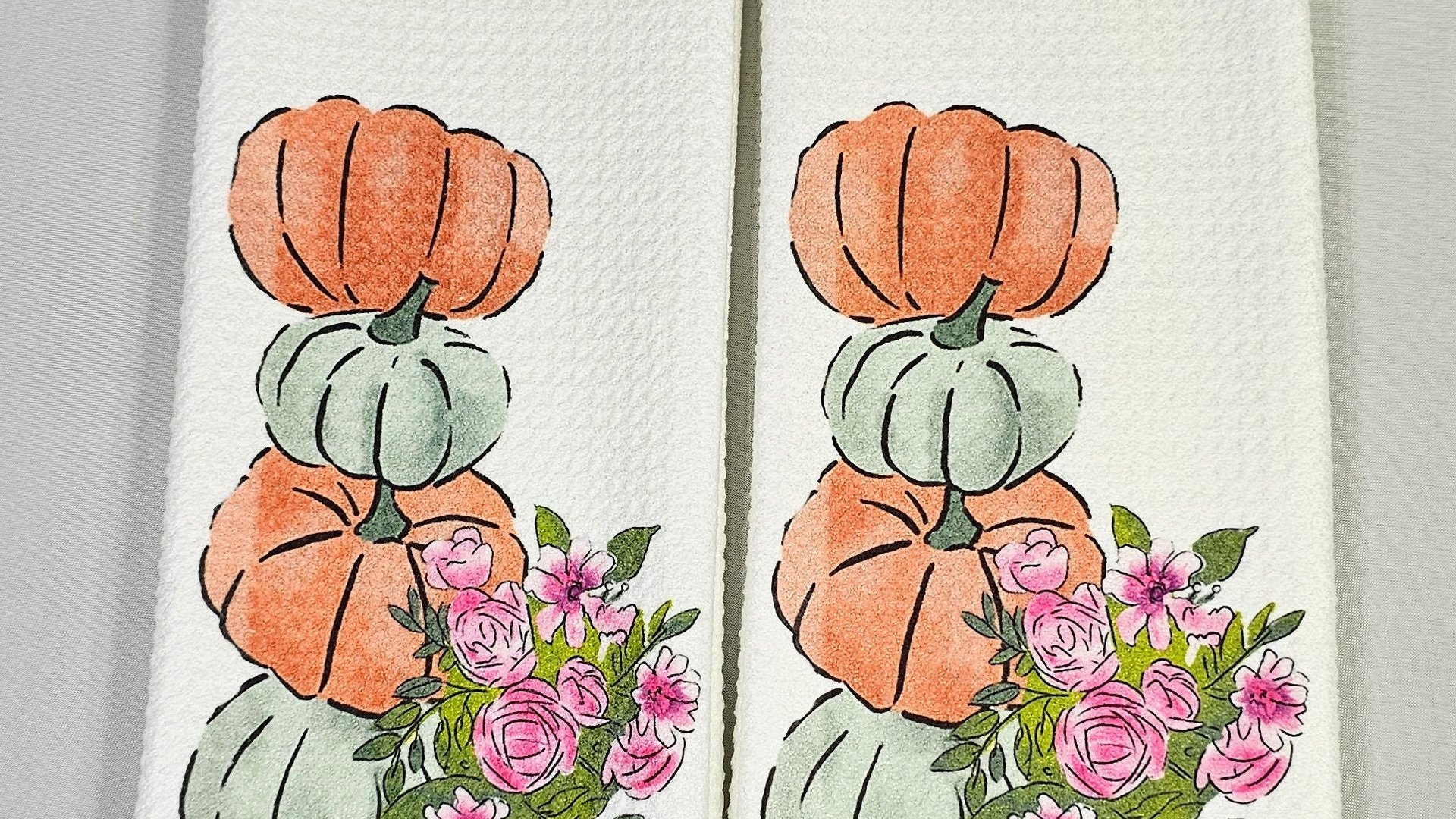 sage green pumpkin kitchen towels for friends, autumn kitchen decor for fall floral hand towels for bathroom, Thanksgiving hostess gifts for