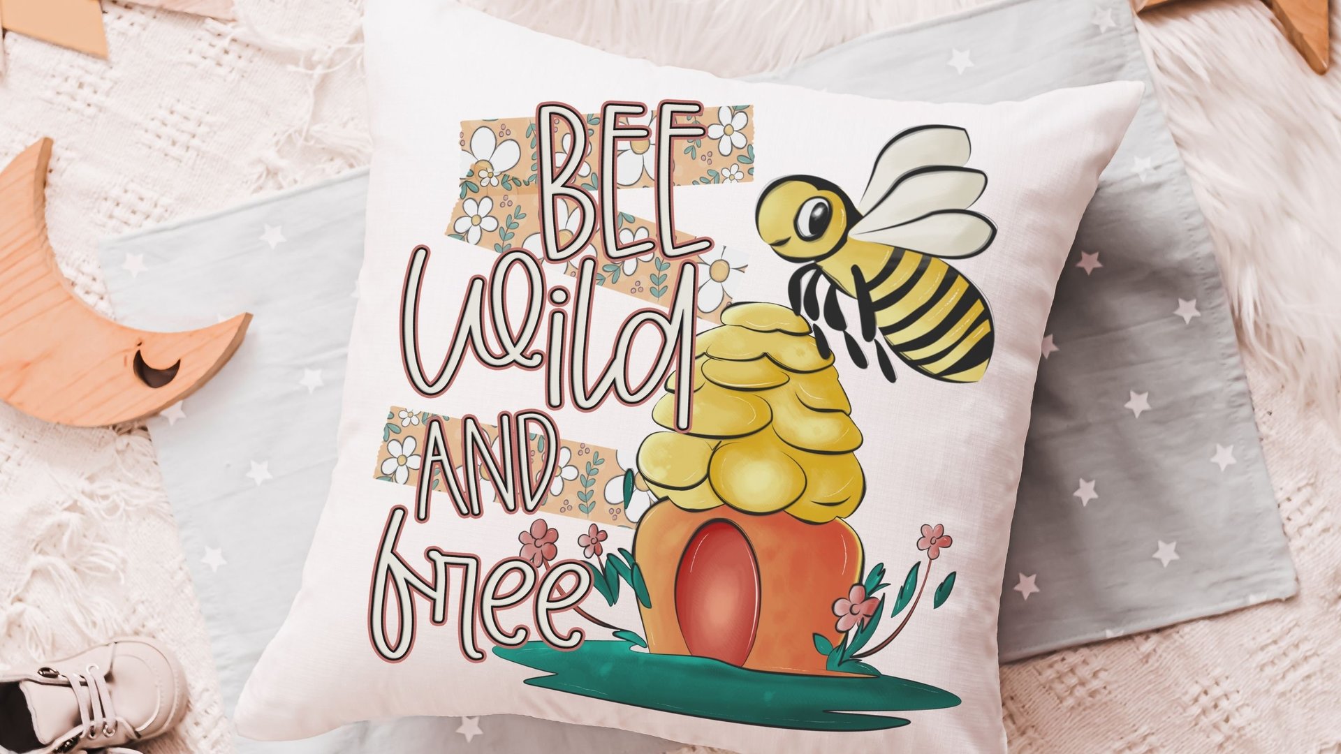 be wild and free bumble bee throw pillow for kids reading nook pillow covers 18x18, honey bee baby shower gifts, inspirational nursery decor