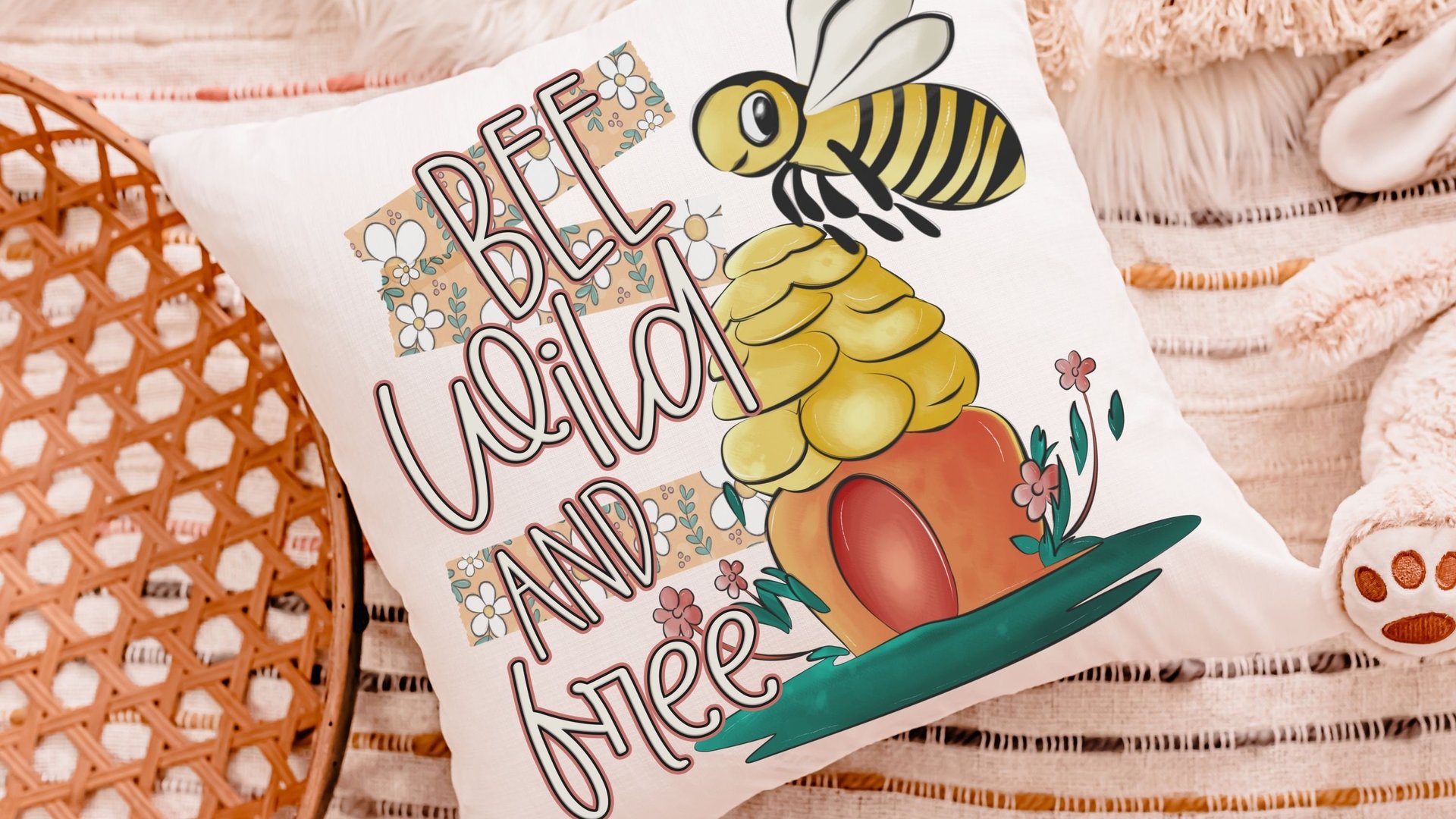 be wild and free bumble bee throw pillow for kids reading nook pillow covers 18x18, honey bee baby shower gifts, inspirational nursery decor