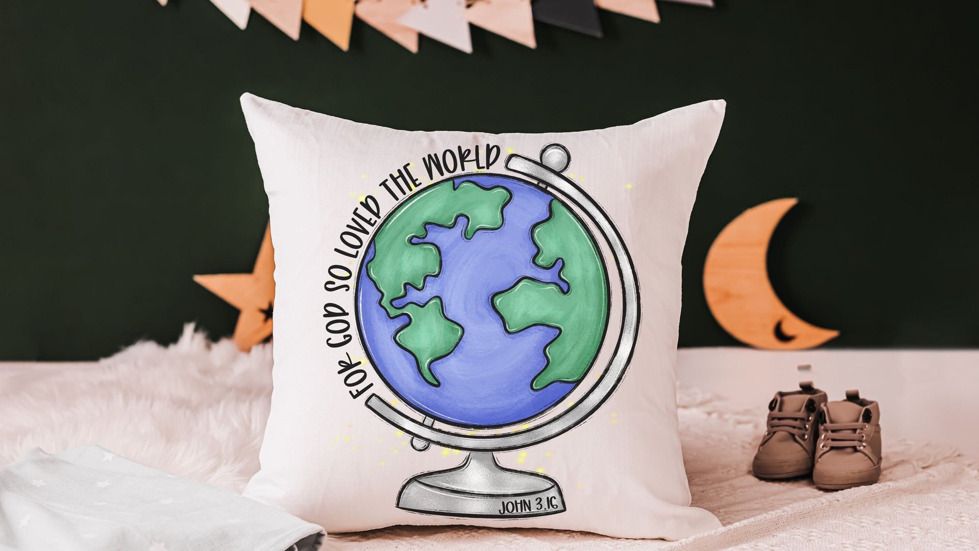 for God so loved the world Earth globe throw pillows for kids, baptism gift boy from grandparents, John 3 16 Bible verse pillow covers 18x18