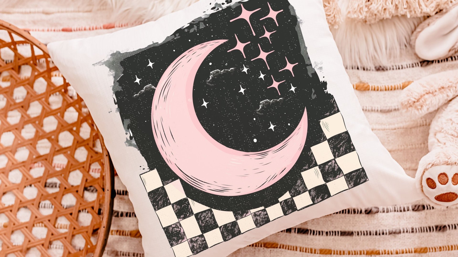 blush pink crescent moon throw pillow for kids room, outer space nursery decor, spacecore reading nook pillow for girls, college dorm decor