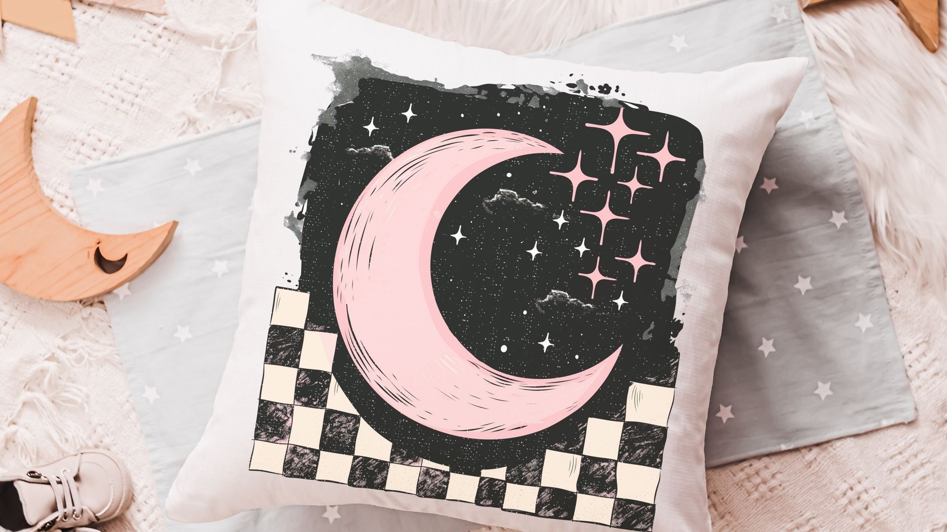 blush pink crescent moon throw pillow for kids room, outer space nursery decor, spacecore reading nook pillow for girls, college dorm decor