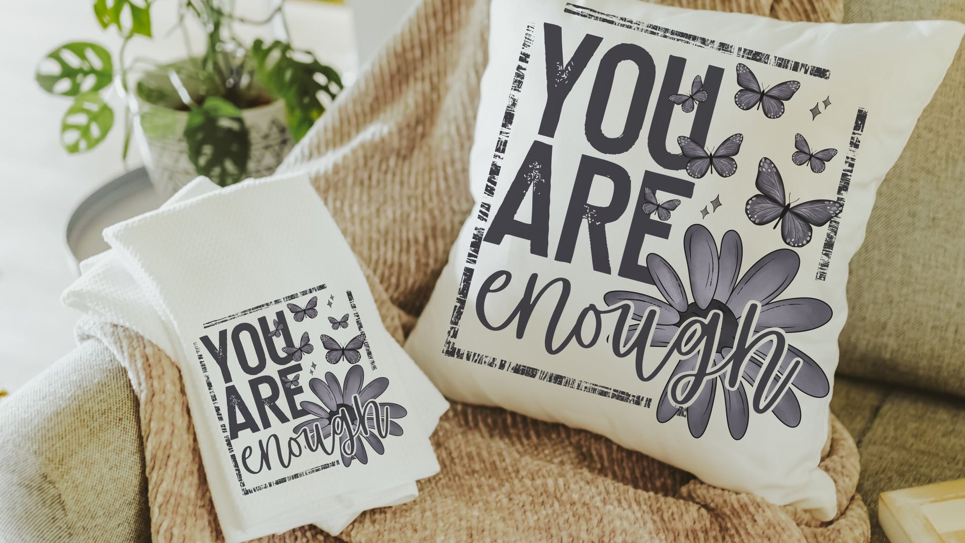 you are enough inspirational throw pillow for couch, college dorm decor for girls, mental health gifts for women, positive affirmations for