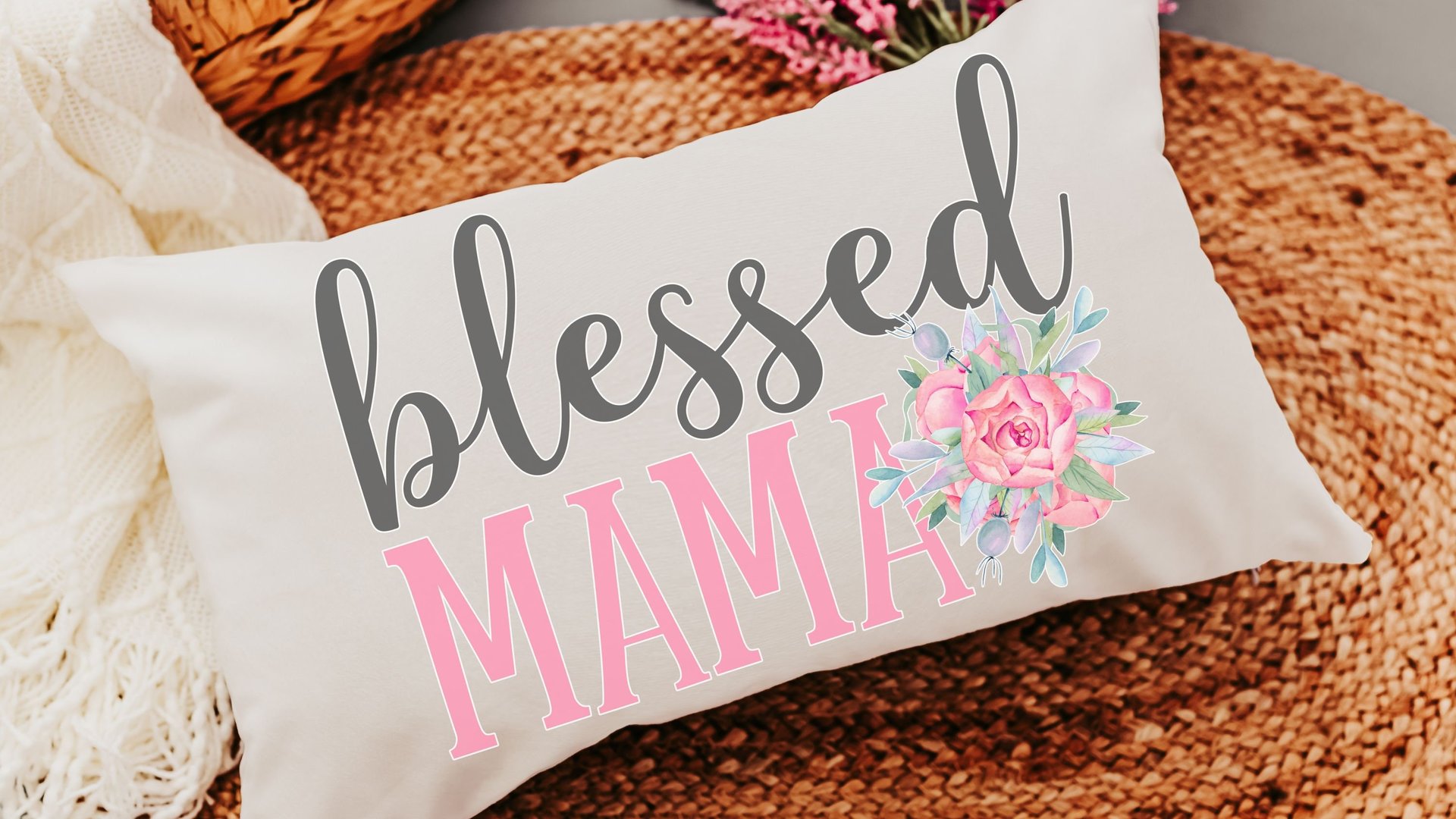blessed mama throw pillows for bench, blush pink floral lumbar decorative pillows for bedroom, Christian mom gifts for new mom, faith gifts