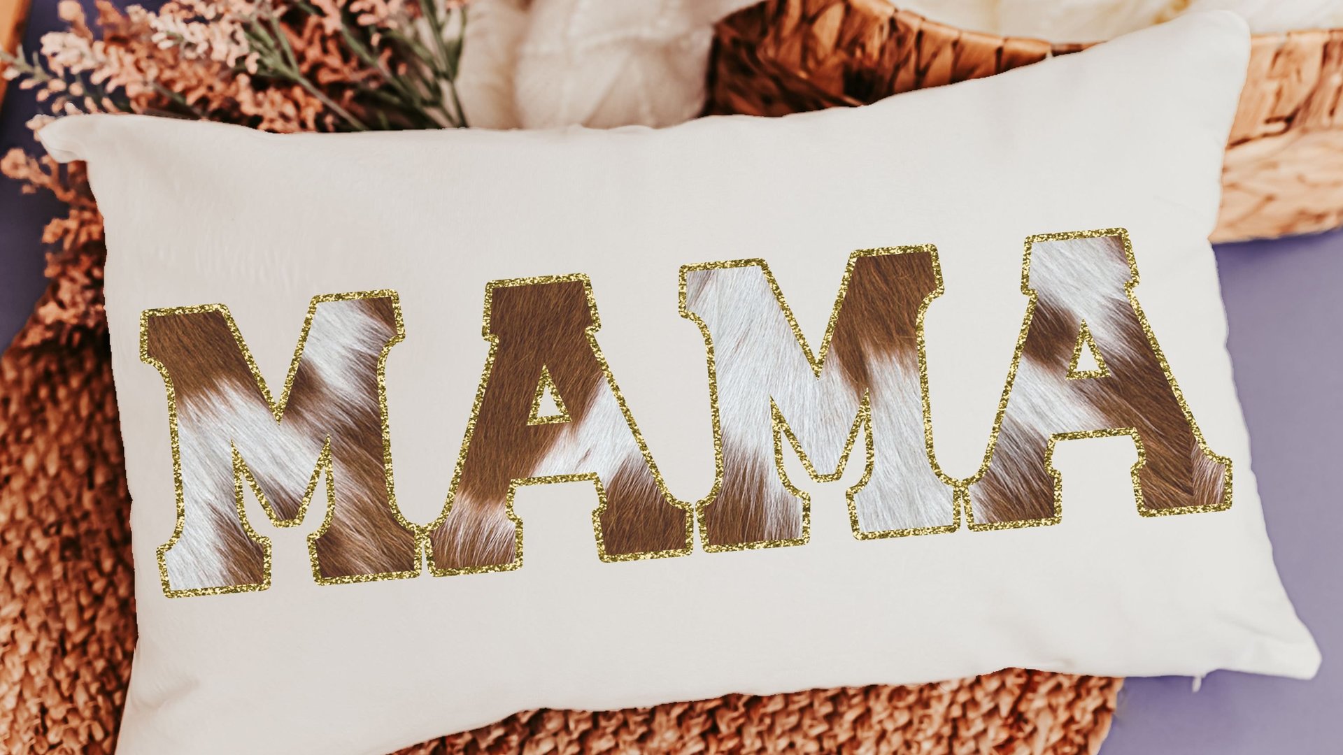 mama throw pillow for bed, cowhide lumbar pillow for chair, western decor for bedroom, cowboy baby shower gifts for mom to be, cow gifts for