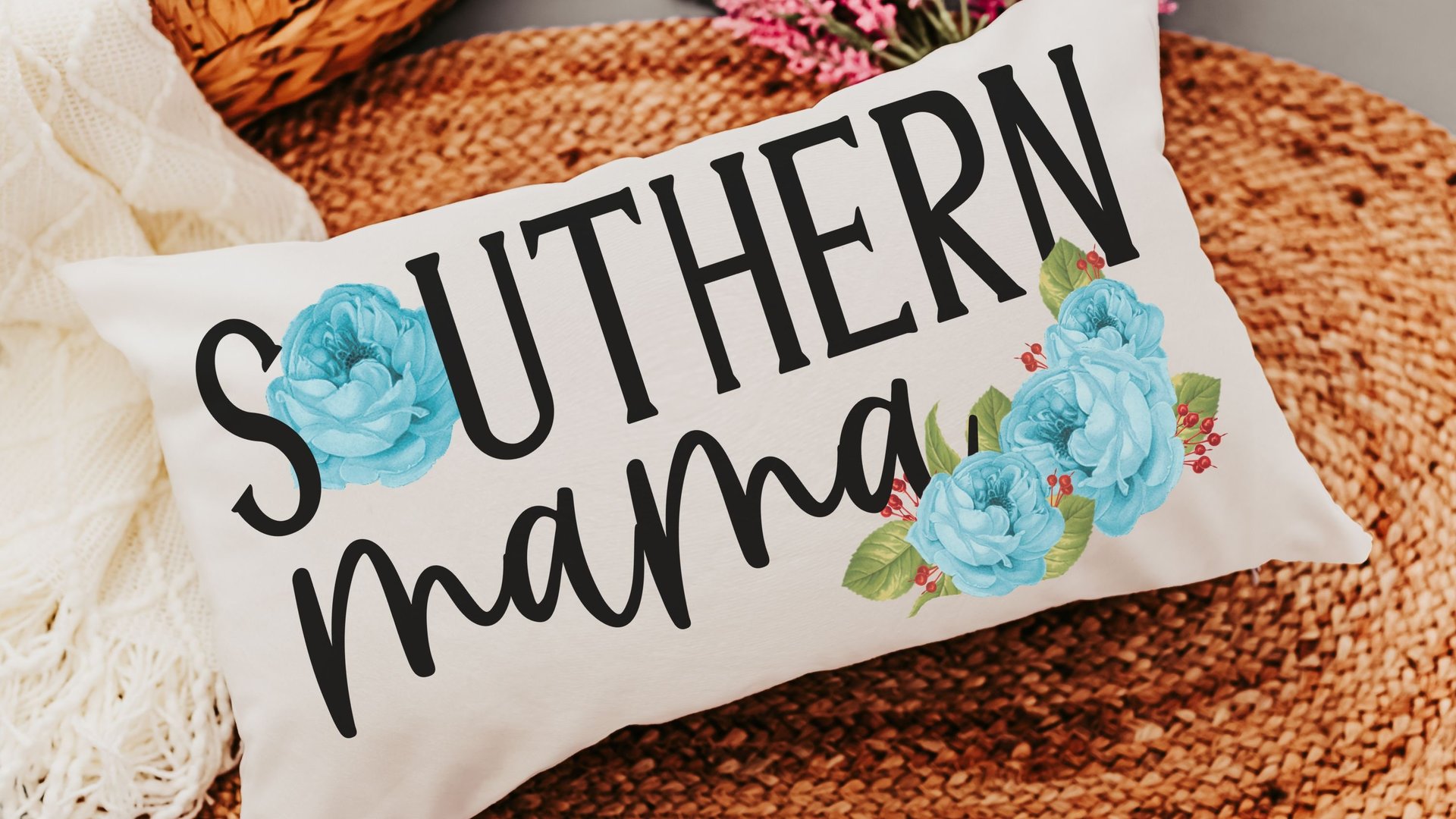 southern mama lumbar pillow for bed, veranda Adirondack chair pillows, country mom gift from daughter, blue peony throw pillow for couch