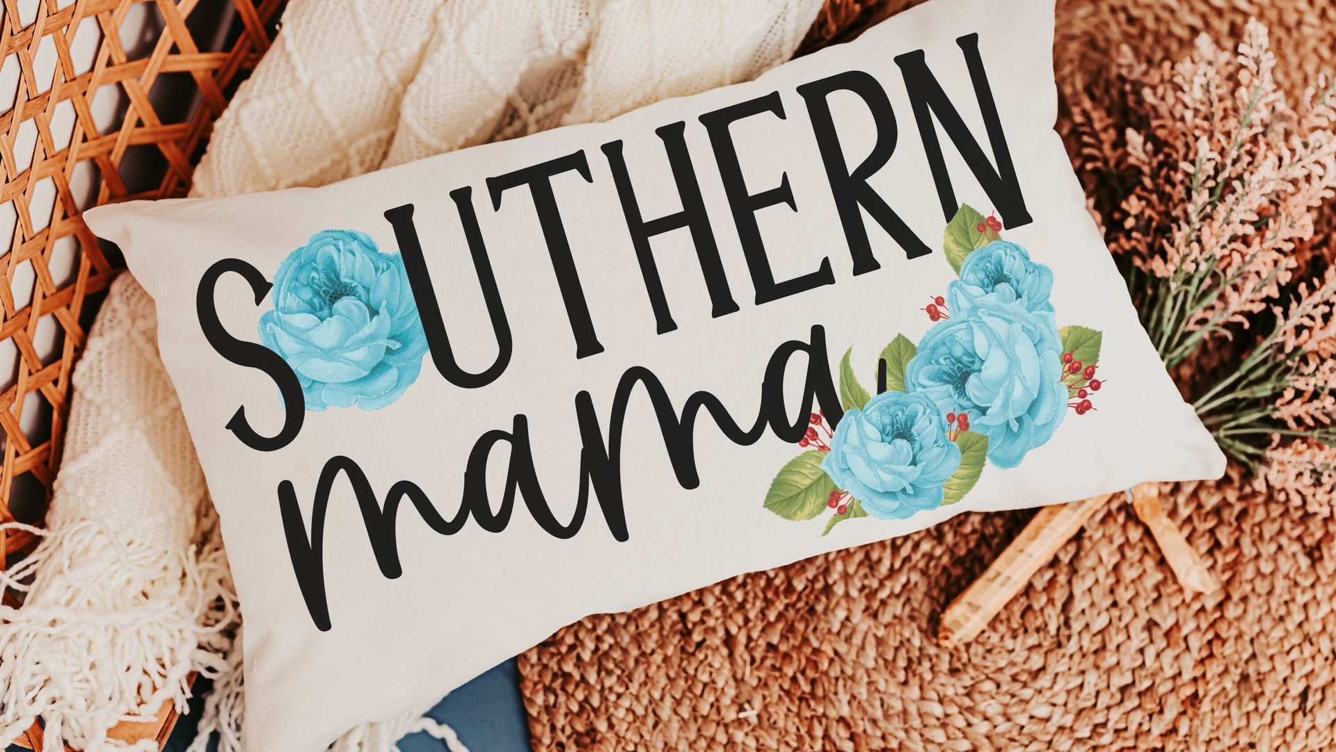 southern mama lumbar pillow for bed, veranda Adirondack chair pillows, country mom gift from daughter, blue peony throw pillow for couch