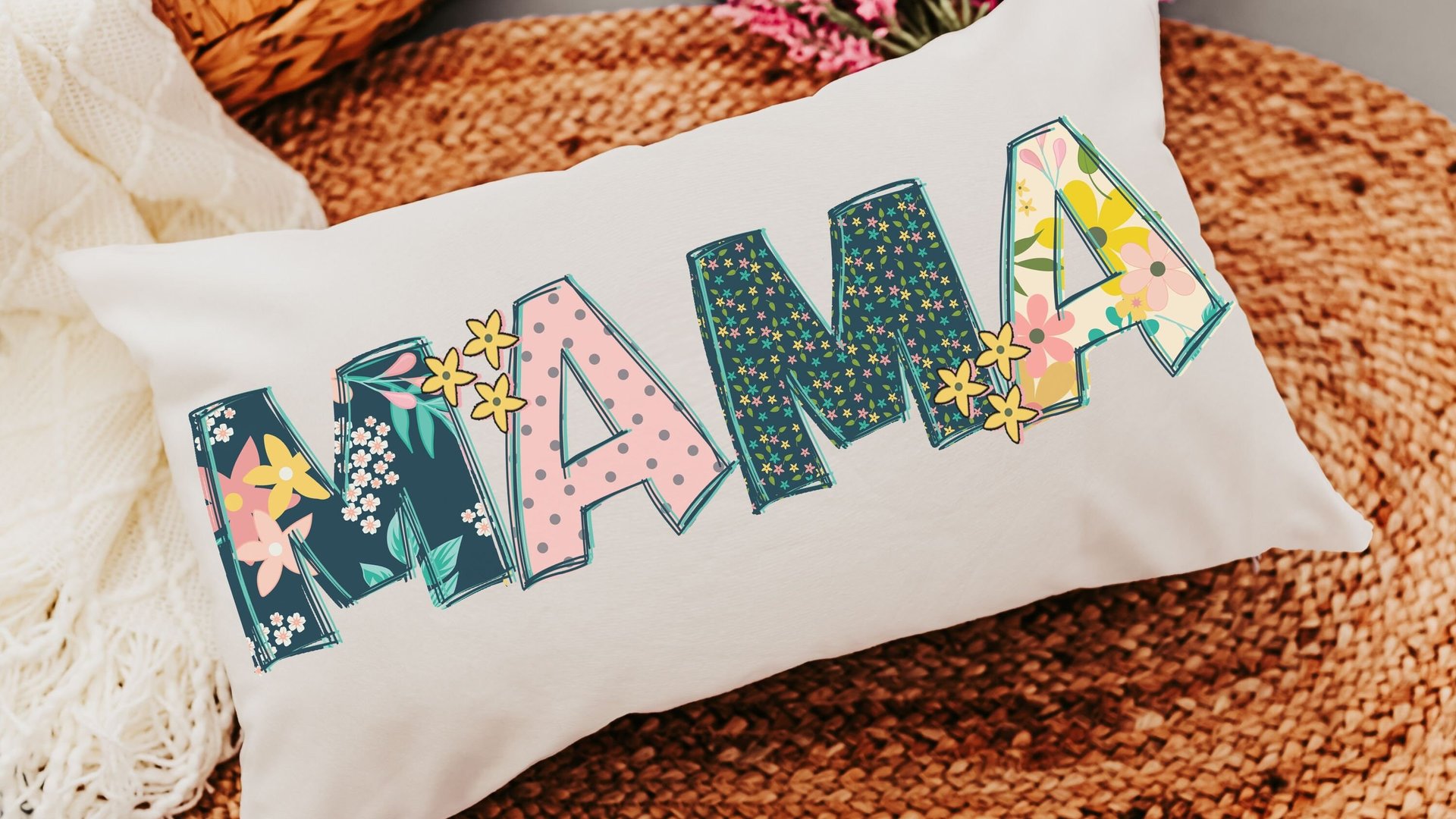 floral mama pillow for mom from baby, first time mom Mothers day gift for daughter in law, cute lumbar throw pillow cover 12 x 20, new mom