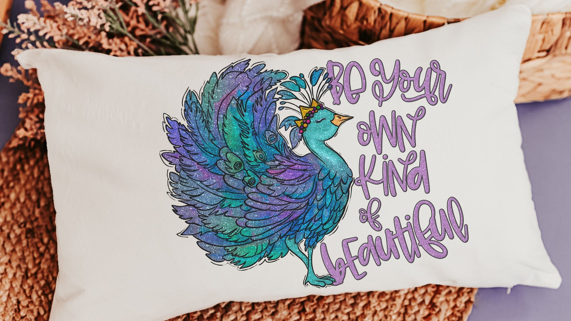 be your own kind of beautiful lumbar pillow for bed, cute dorm decor for girls, inspirational gifts for graduation, peacock throw pillow