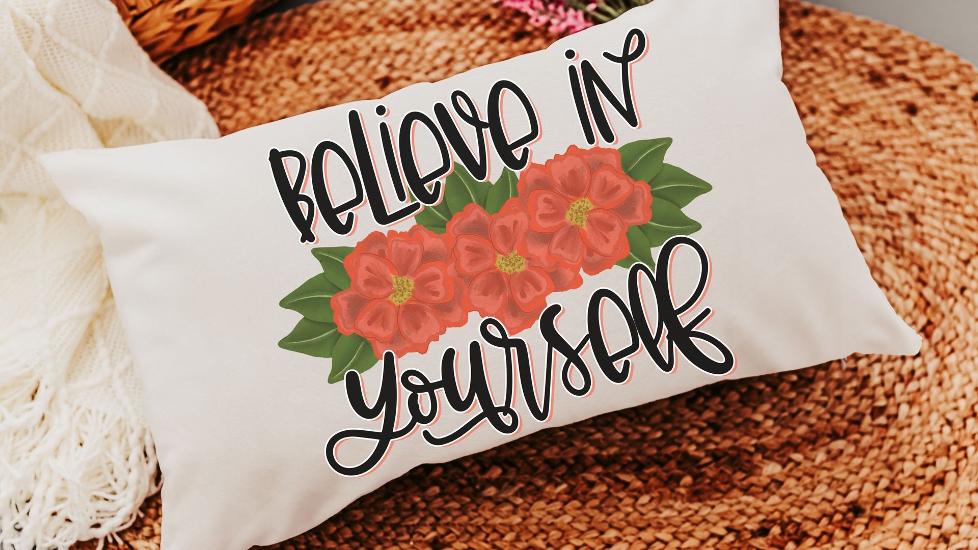 believe in yourself inspirational throw pillows for bed, red dahlia floral lumbar pillow cover 12x20, cute Christmas gifts for college girls