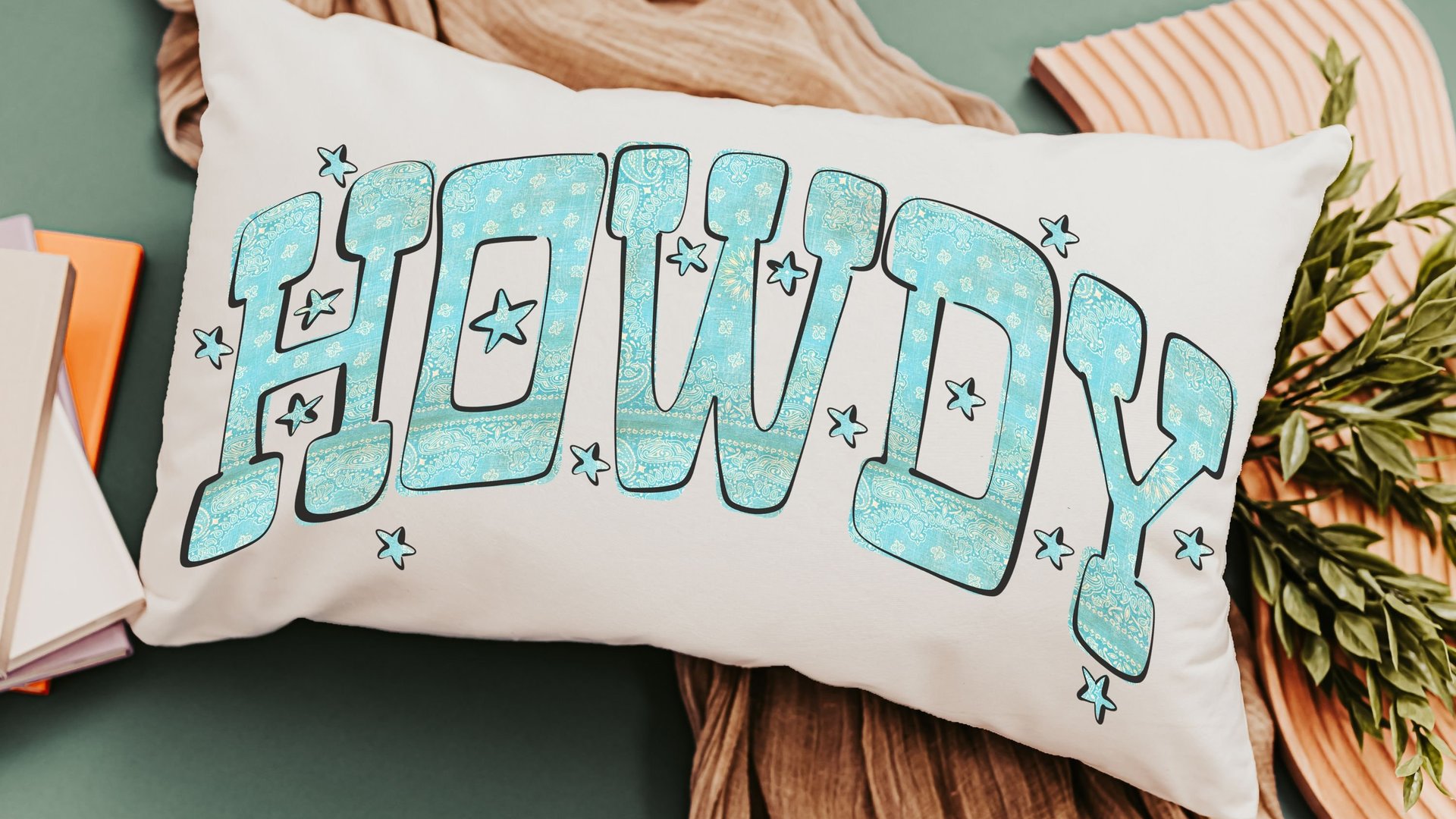 howdy throw pillow for couch, country western nursery decor, turquoise bandana print lumbar pillow, cowgirl baby shower gifts, rocking chair