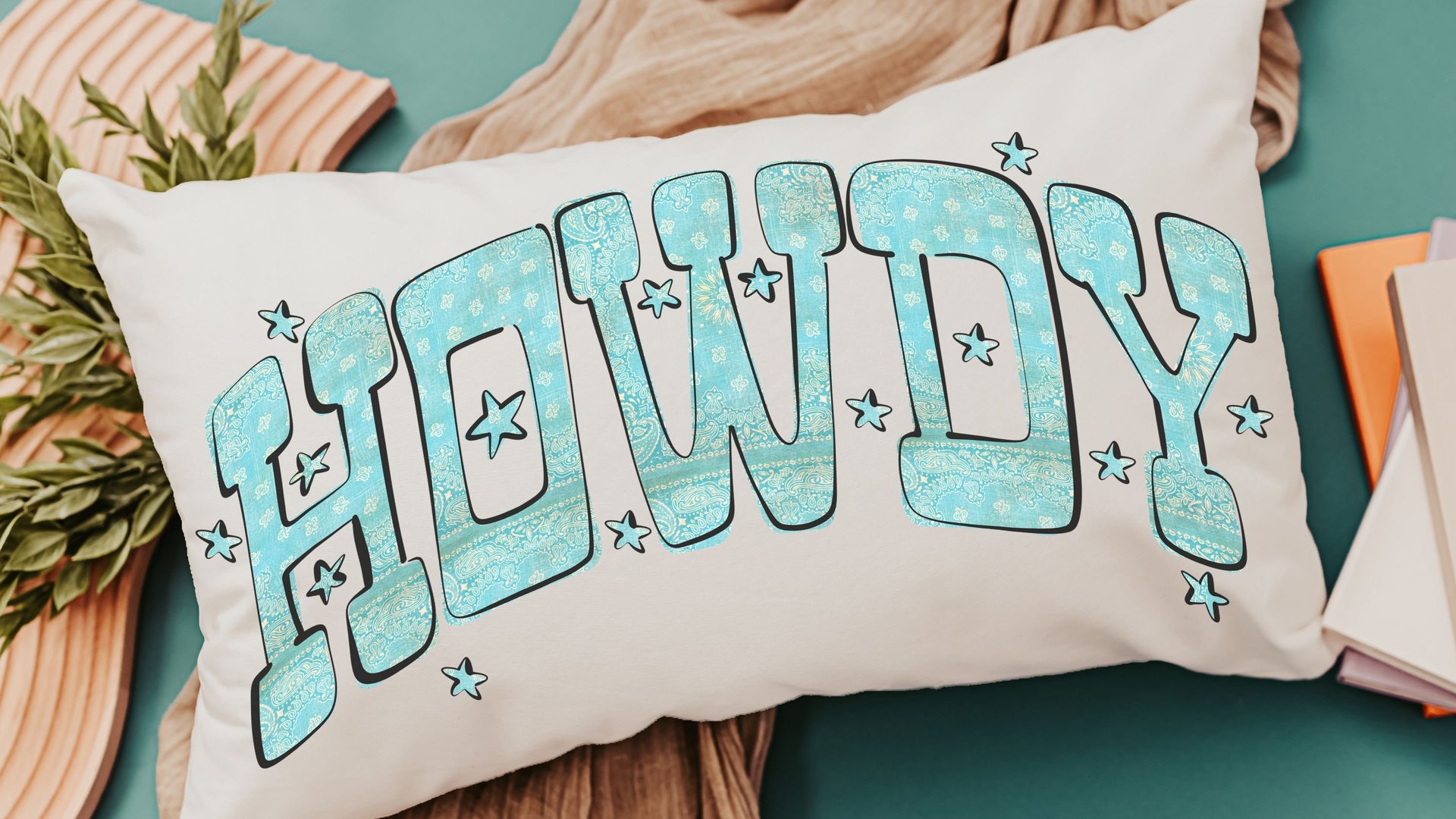 howdy throw pillow for couch, country western nursery decor, turquoise bandana print lumbar pillow, cowgirl baby shower gifts, rocking chair