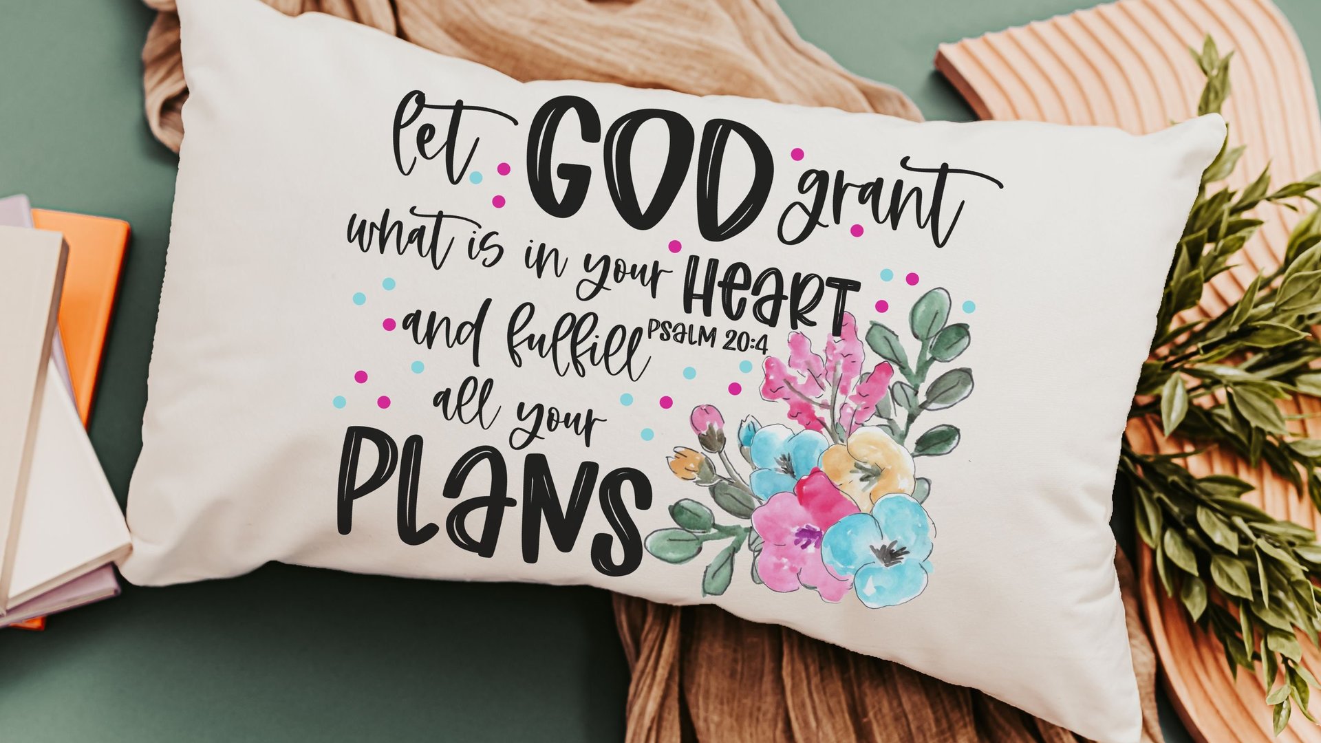 watercolor floral throw pillow for bed, Psalm 20 faith gifts for Mom, cute Christian encouragement gift for women, Bible verse lumbar pillow