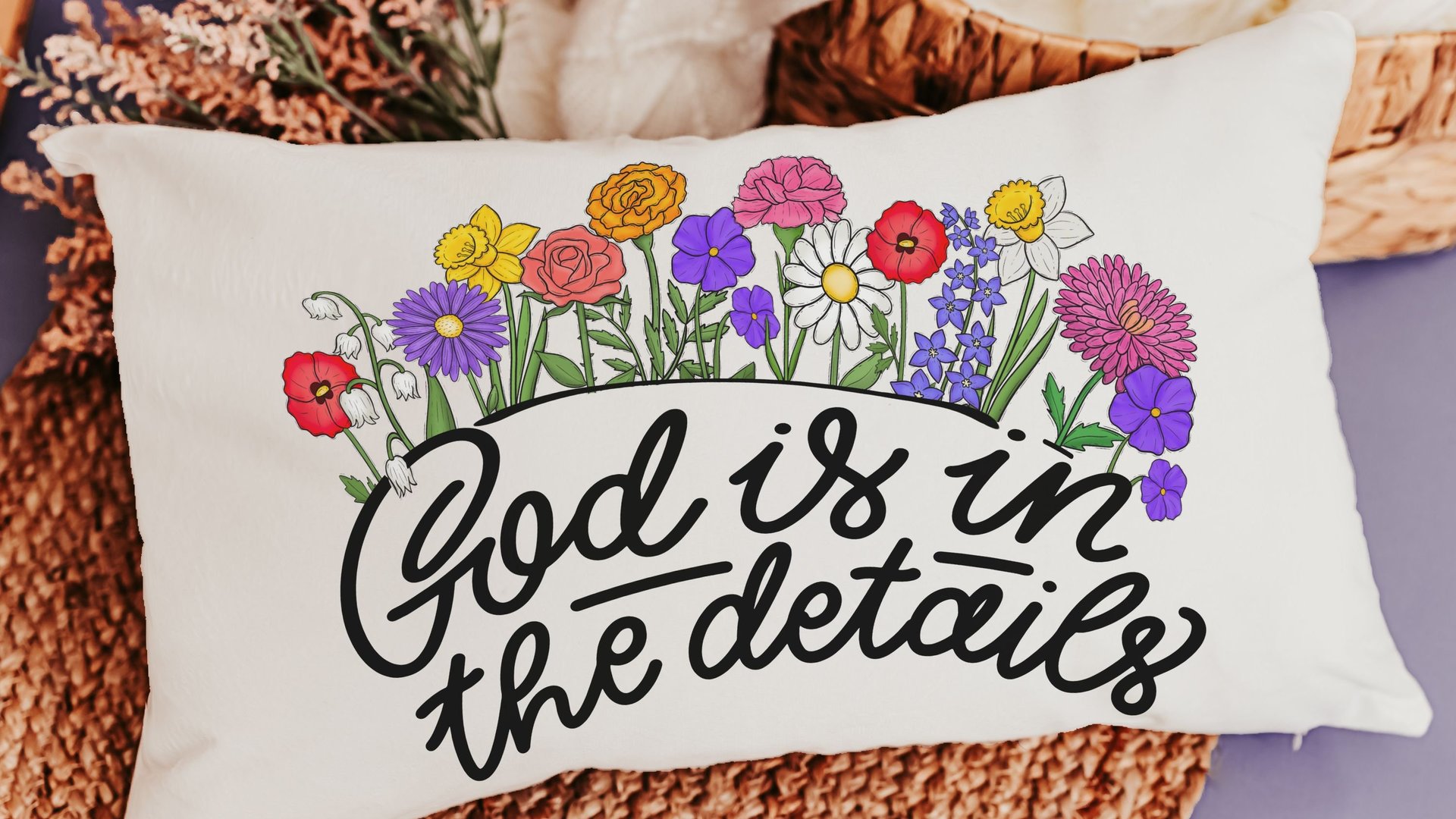 God is in the details wildflower lumbar pillow for couch, floral throw pillow for bed, Christian Mothers day gifts for mother in law, faith