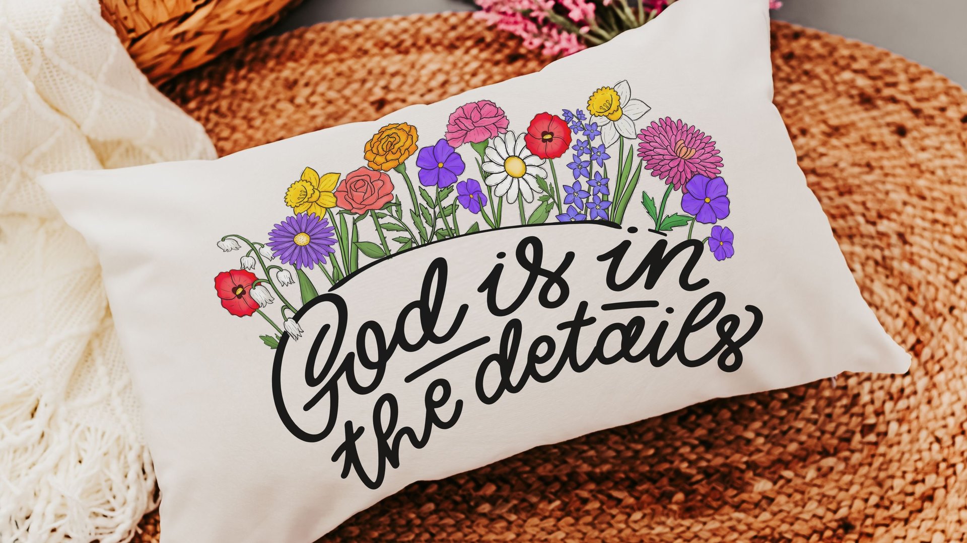 God is in the details wildflower lumbar pillow for couch, floral throw pillow for bed, Christian Mothers day gifts for mother in law, faith