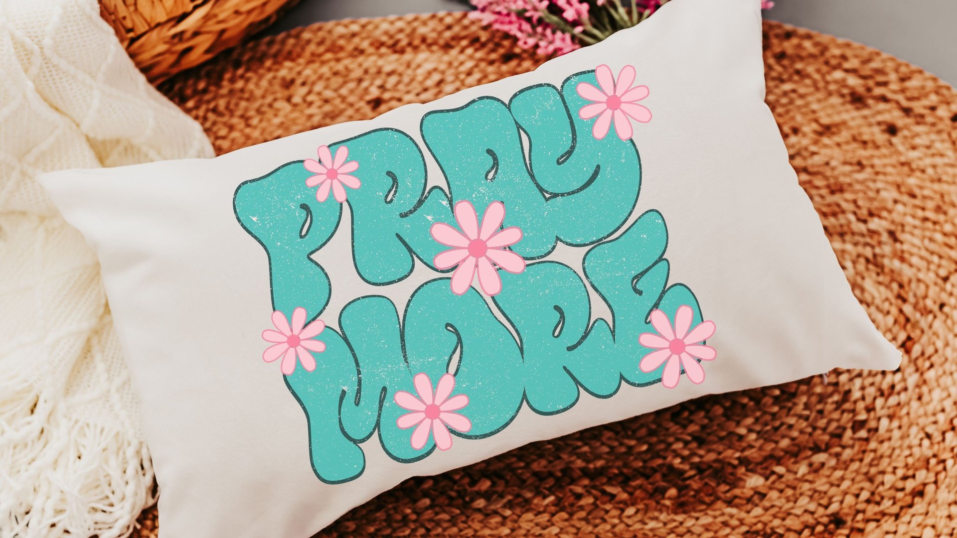 pray more turquoise Christian throw pillow for bed, godmother gift, bubble gum pink flower lumbar pillow cover 12x20, faith gifts for Mom