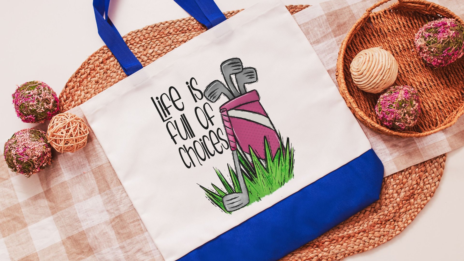 life is full of important choices golf tote bag for women, reusable shopping bag, cute golf gifts for her, lady golfer golfing tournament
