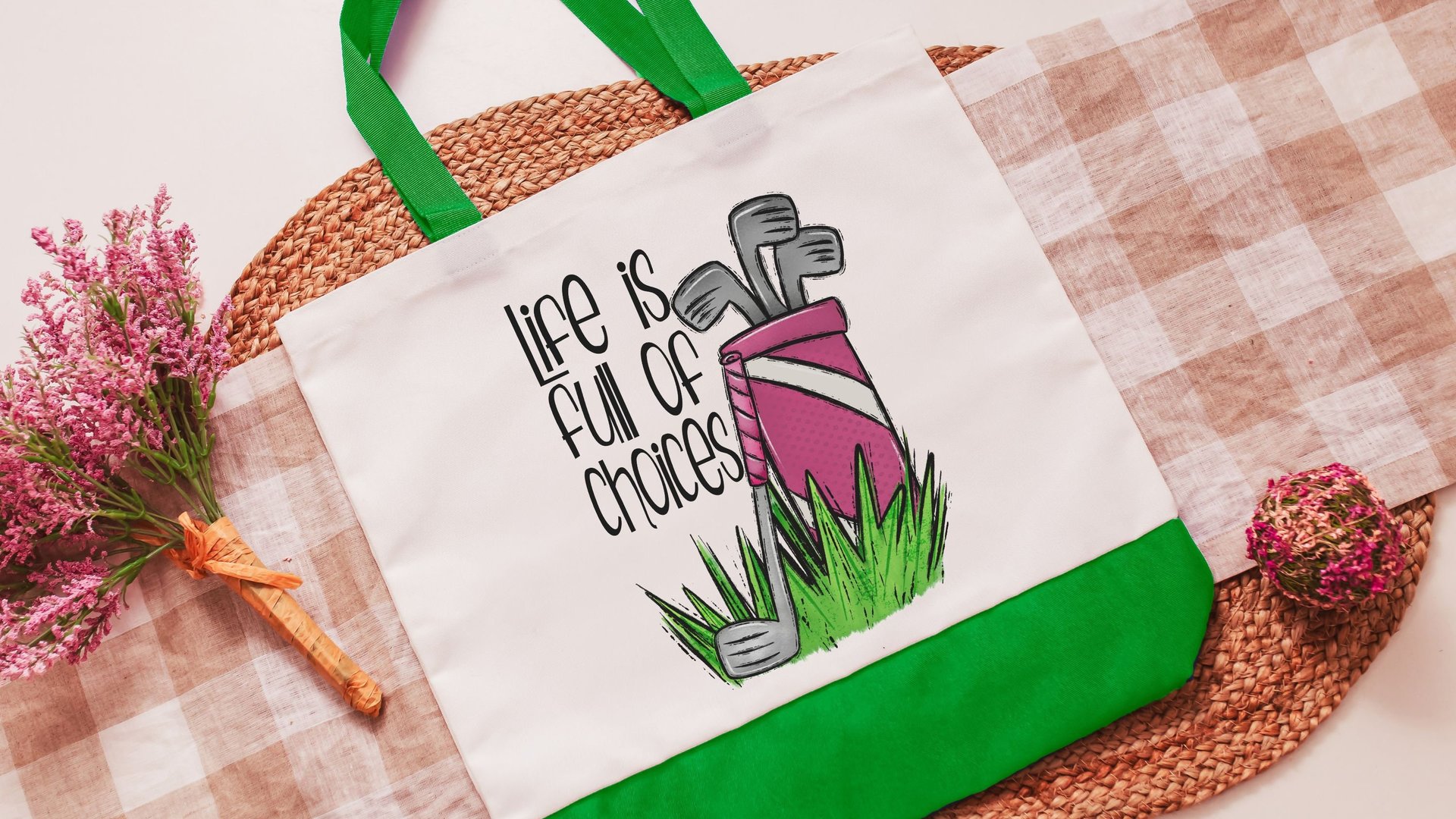 life is full of important choices golf tote bag for women, reusable shopping bag, cute golf gifts for her, lady golfer golfing tournament