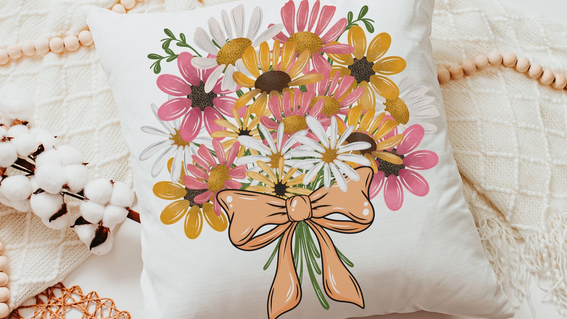 floral bouquet white daisy kitchen towels for Mom, yellow daisy kitchen decor, gardener gifts for women, pink daisy hand towels for bathroom