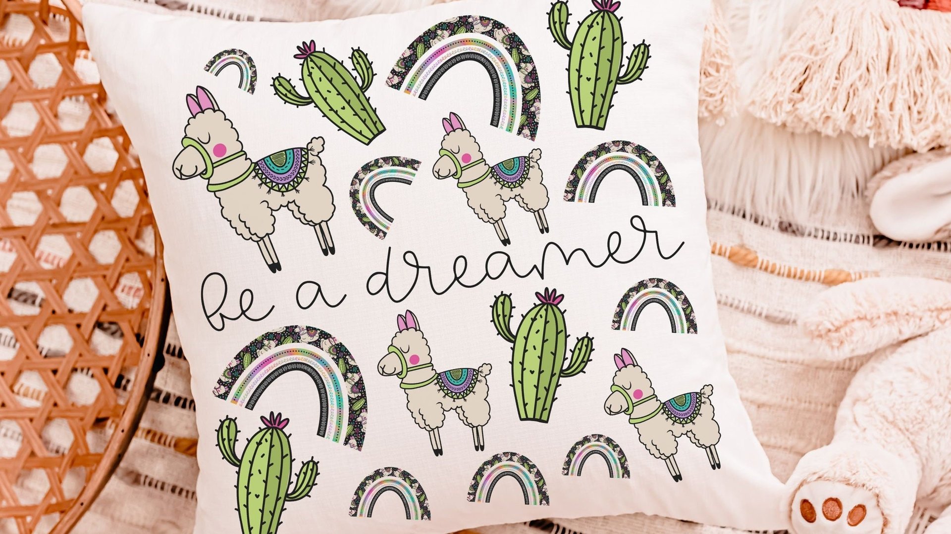 inspirational llama throw pillow for bed, cactus decor southwest nursery decor, pre teenage girl gifts, gender neutral baby gift, tween girl